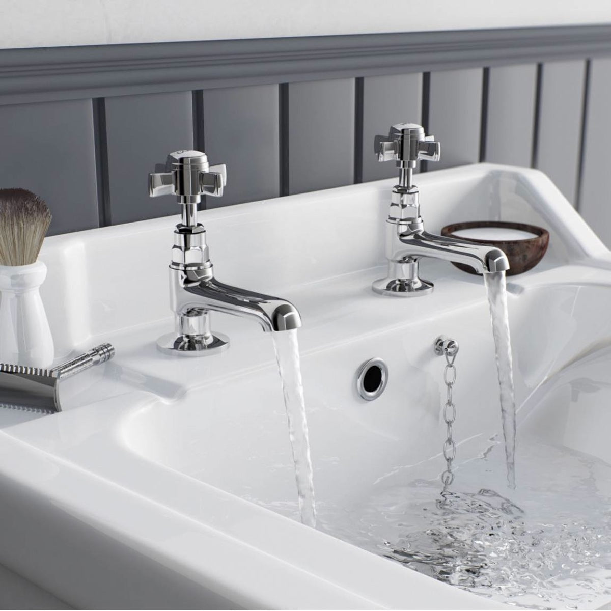 Edwardian Hot & Cold Twin Basin Taps Quarter Turn Cross Handle