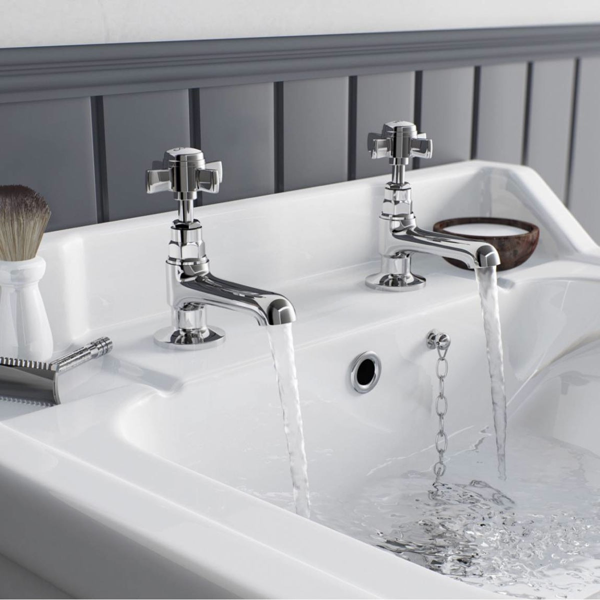 Edwardian Traditional Set Of Twin Basin Taps & Bath Shower Mixer Tap With Handheld Kit