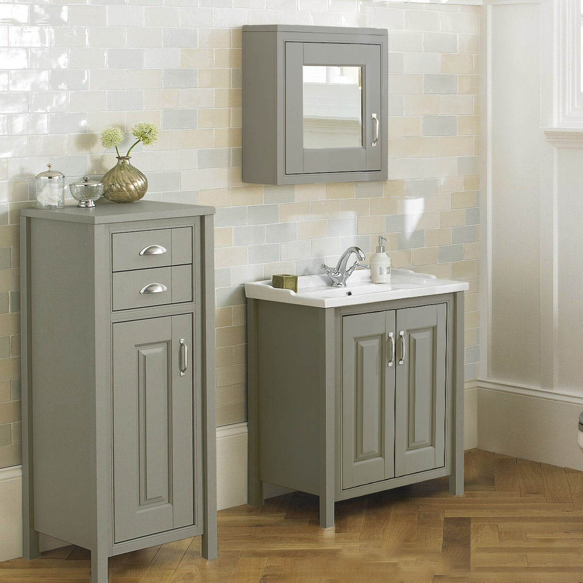 Chiltern 600mm Vanity Basin Unit, Tall Cabinet & Mirror Cabinet Suite Stone Grey