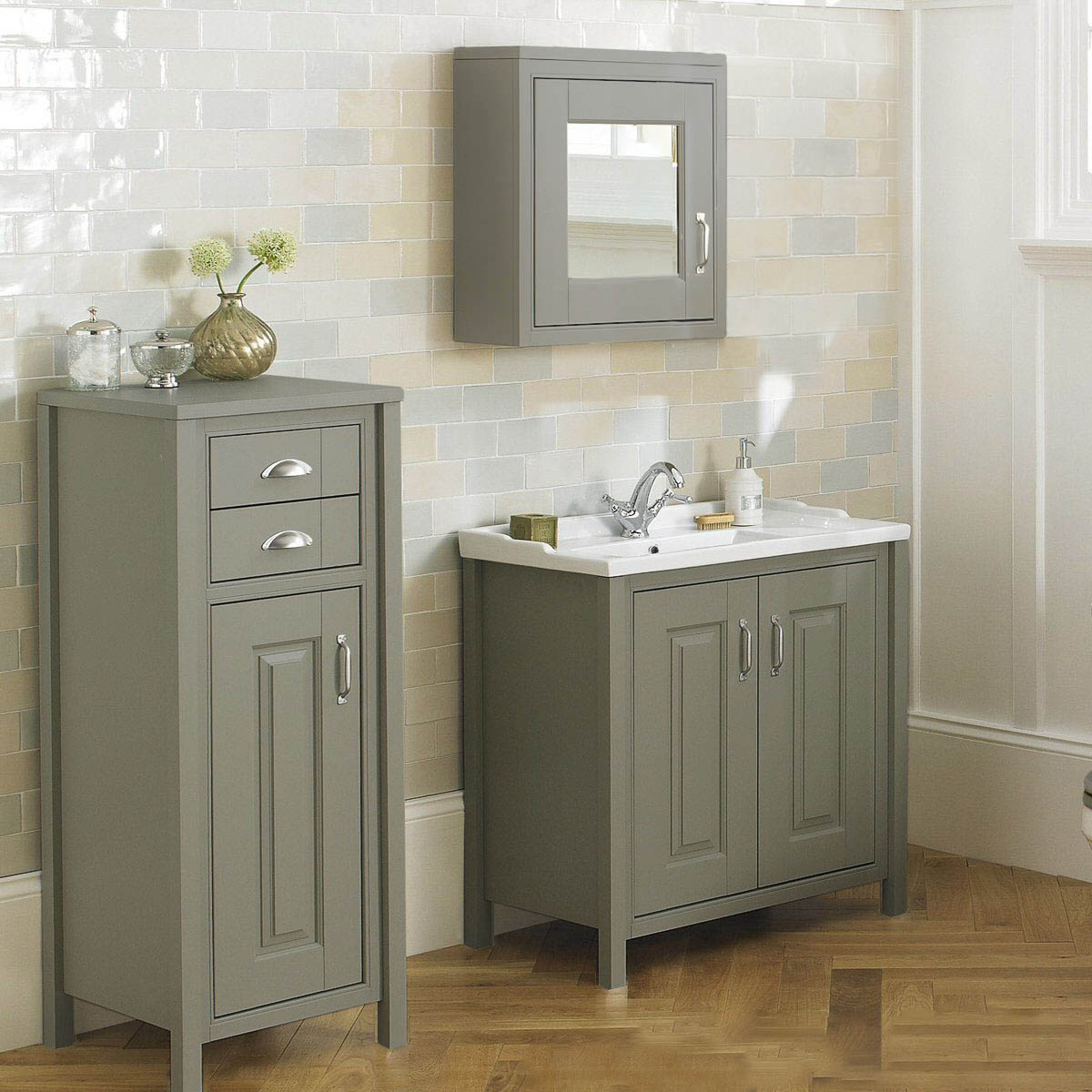 Chiltern 800mm Vanity Basin Unit, Tall Cabinet & Mirror Cabinet Suite Stone Grey