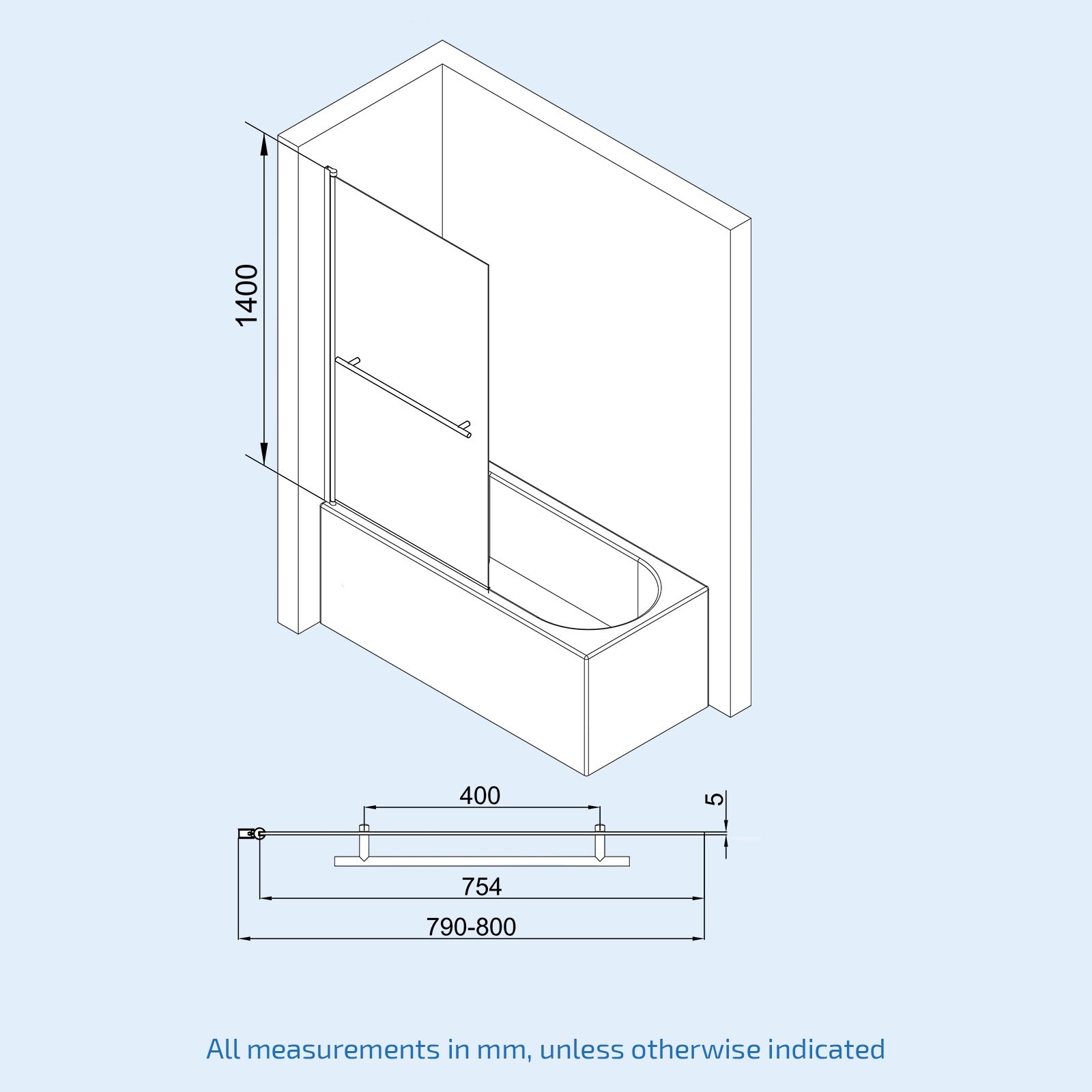 Frameless Bath Shower Screen with Glass Swing Door and Towel Bar