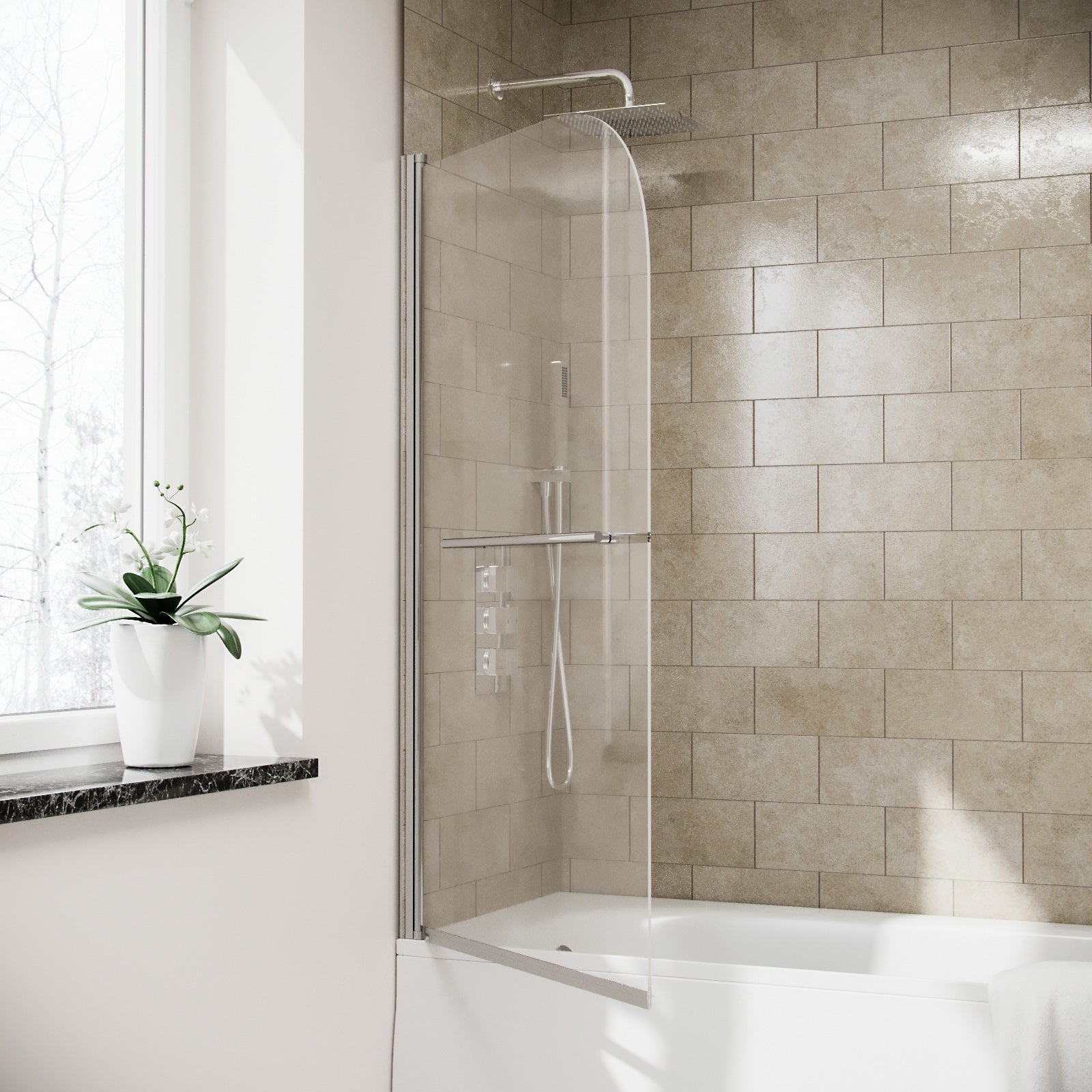 Frameless Bath Shower Screen with Glass Swing Door and Towel Bar