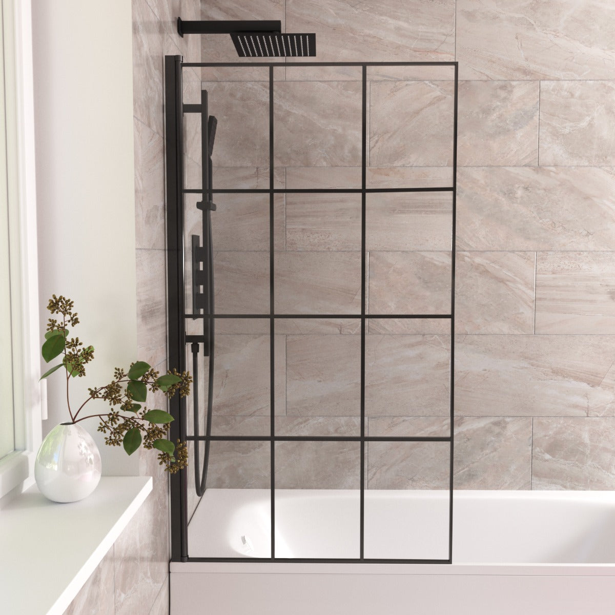 Oaken 800mm Square Bath Screen Black Profile With Grid Glass Reversible