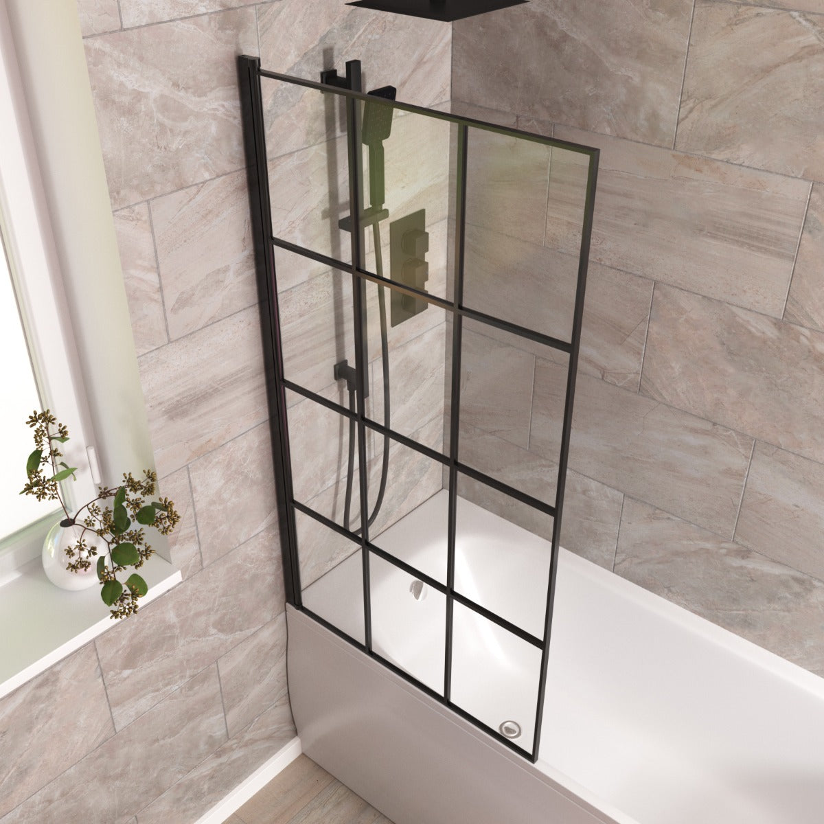 Oaken 800mm Square Bath Screen Black Profile With Grid Glass Reversible