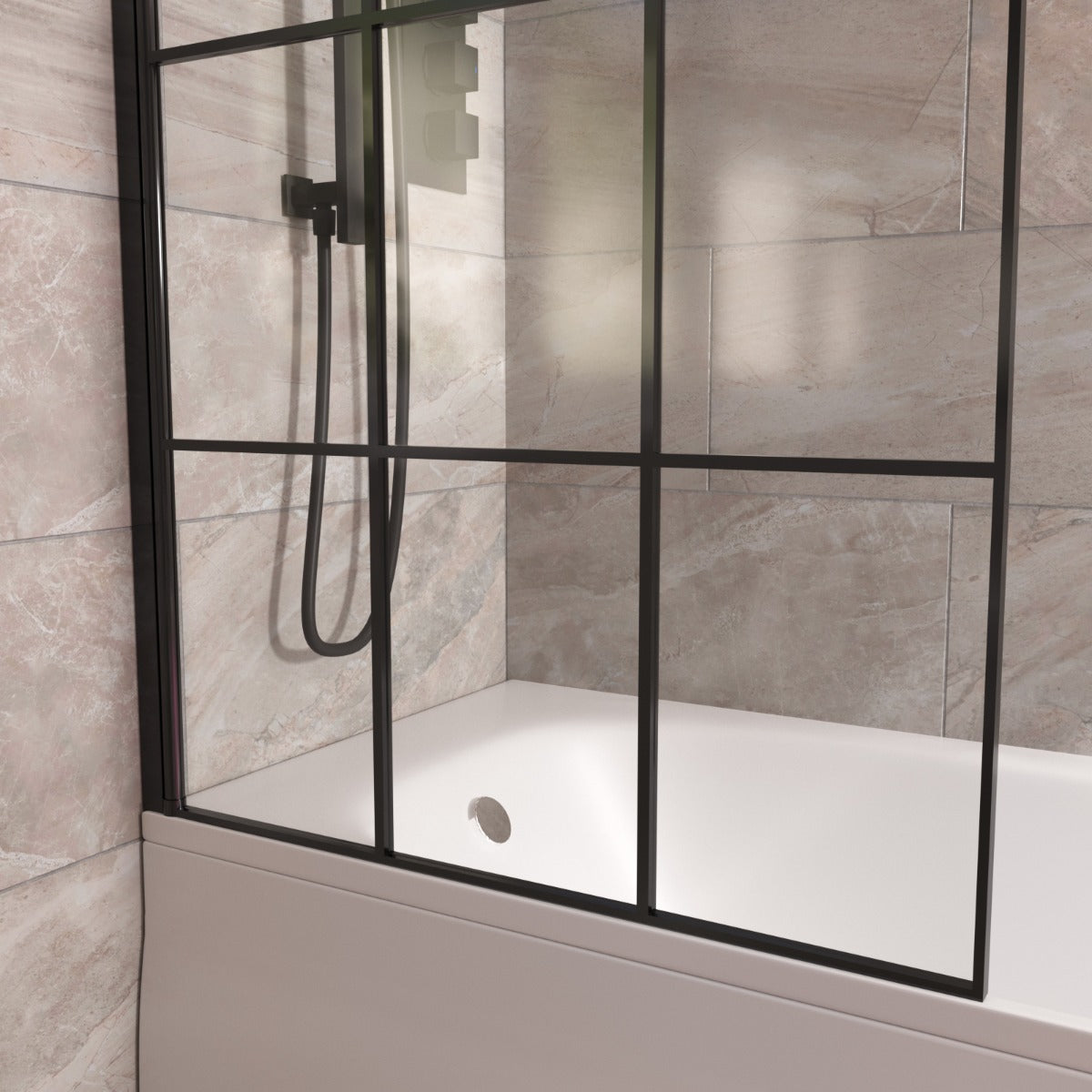 Oaken 800mm Square Bath Screen Black Profile With Grid Glass Reversible