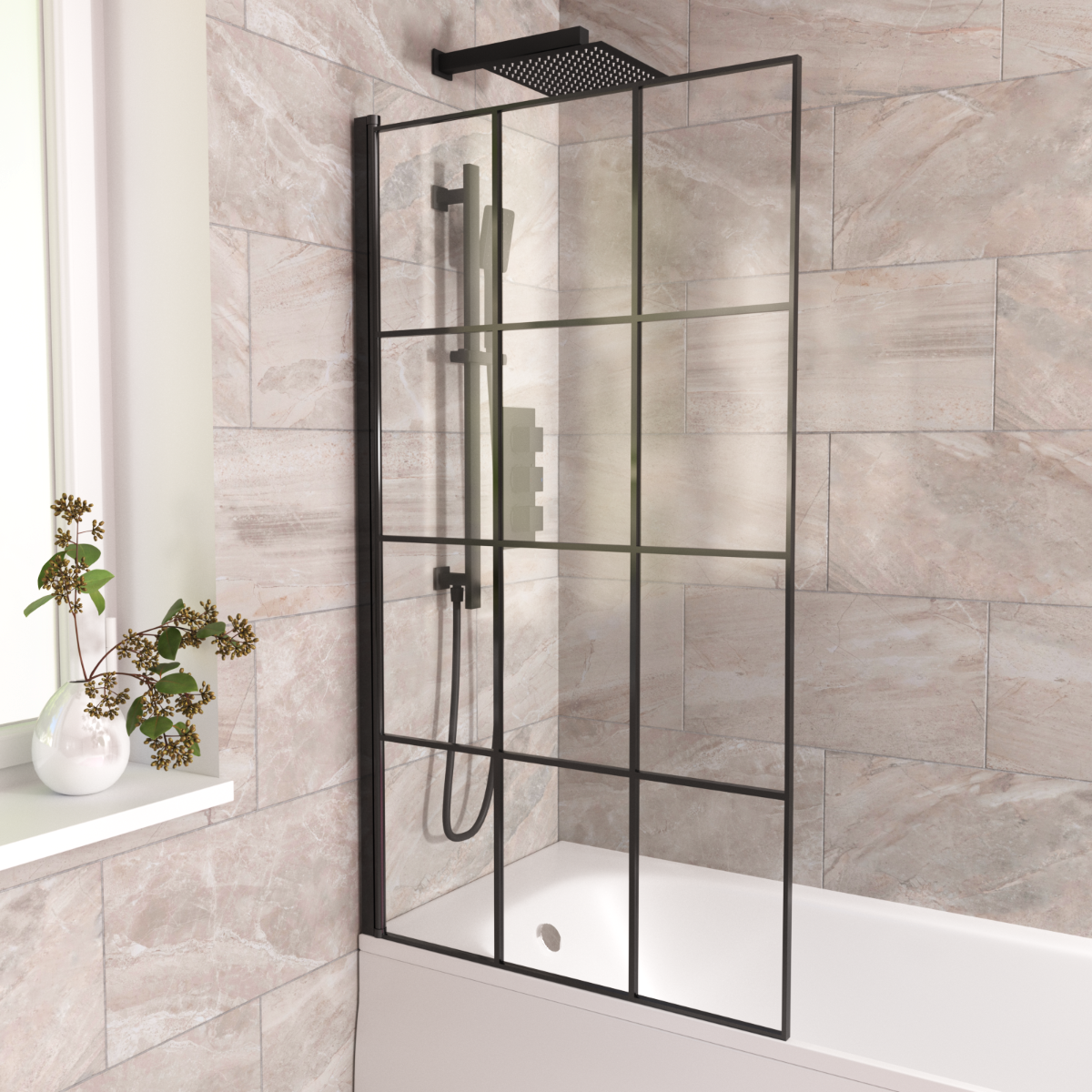 Oaken 800mm Square Bath Screen Black Profile With Grid Glass Reversible