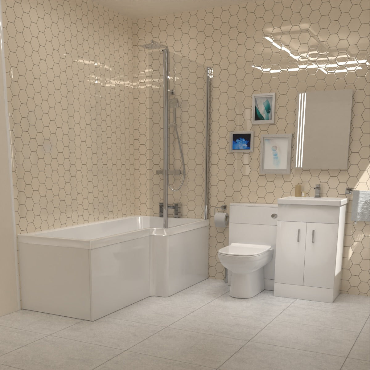 Cann L-Shaped RT Bath, Exposed Shower, White Basin Vanity, Taps, BTW Toilet