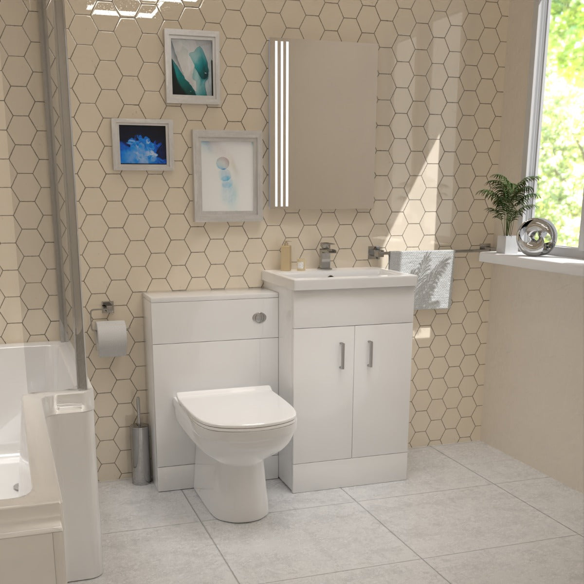 Cann L-Shaped RT Bath, Exposed Shower, White Basin Vanity, Taps, BTW Toilet