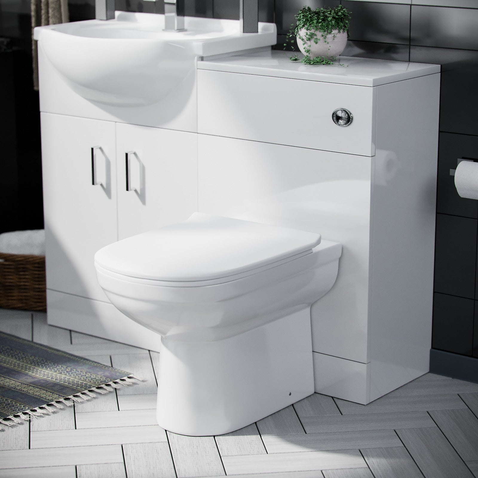 Ellen White Vanity WC Unit & Bath BTW Toilet Mixer Taps & Wastes Flat Pack