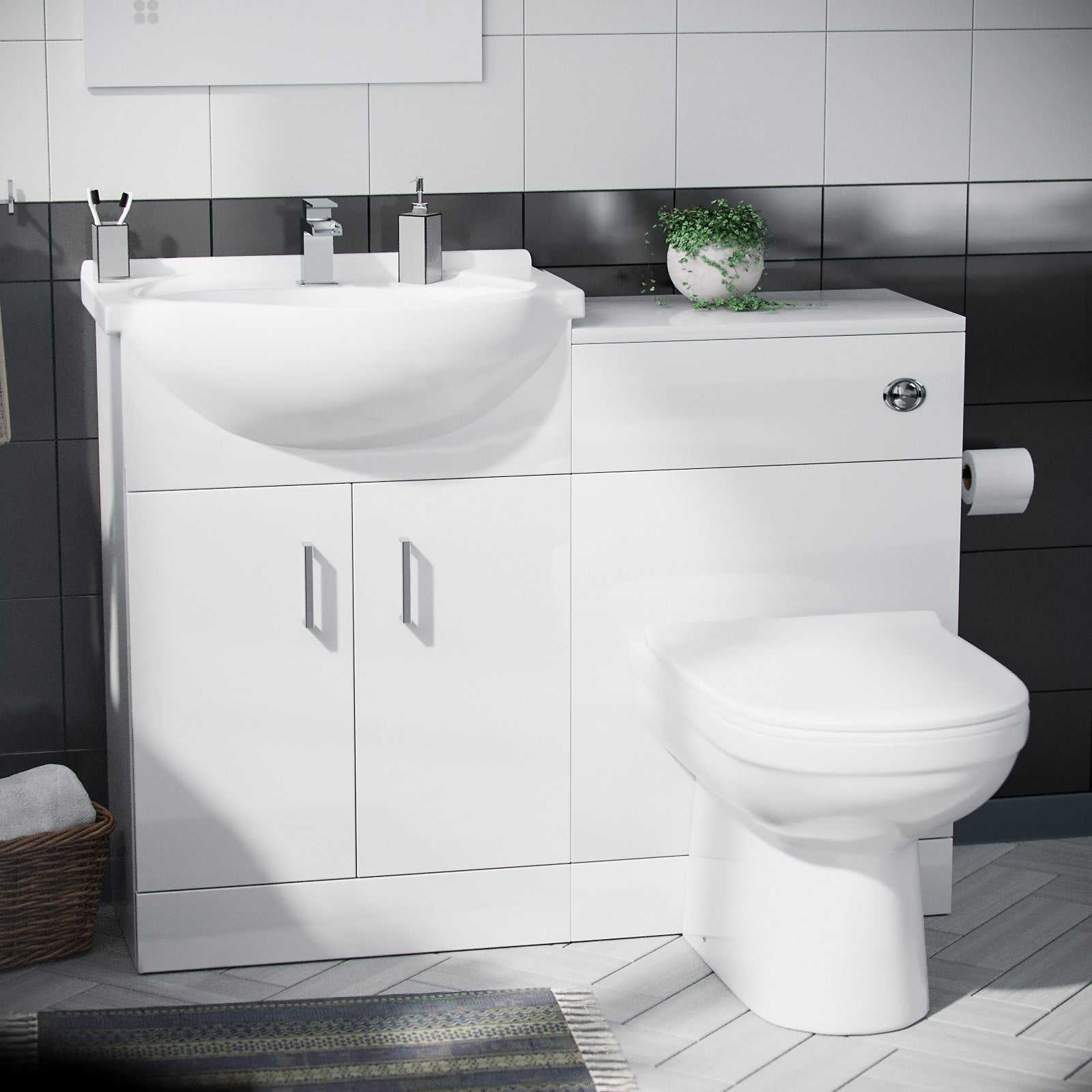 Ellen White Vanity WC Unit & Bath BTW Toilet Mixer Taps & Wastes Flat Pack
