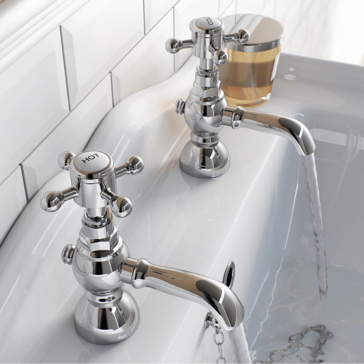 Churchill Traditional Set Of Hot & Cold Basin Taps And Bath Shower Mixer Tap With Handheld Kit