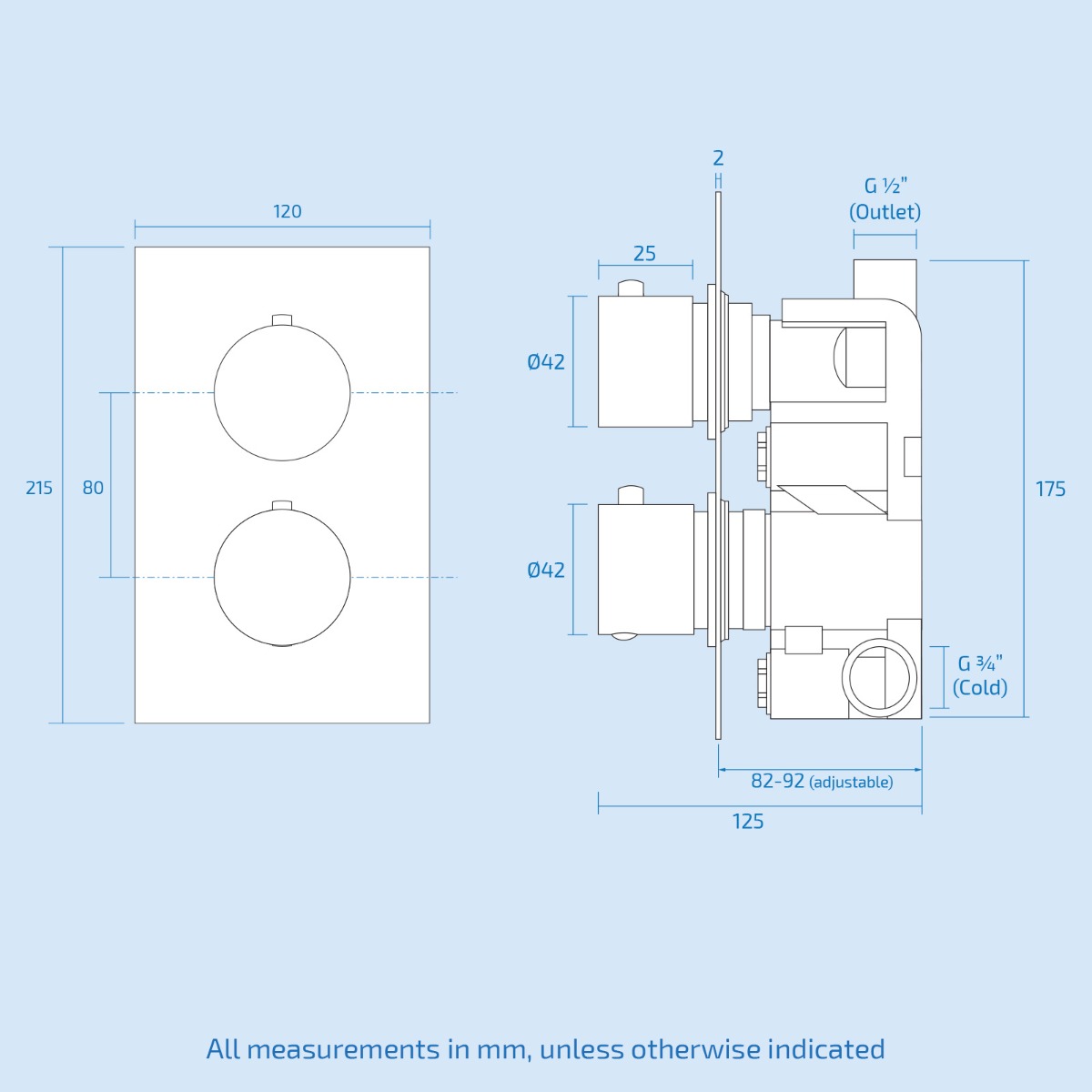 Lily Slim 2 Dial 1 Way Concealed Thermostatic Shower Mixer and Overhead