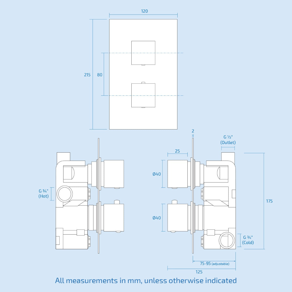 Temel Matte Black Concealed Thermostatic Overhead 200mm Square Rainfall Shower Mixer Set