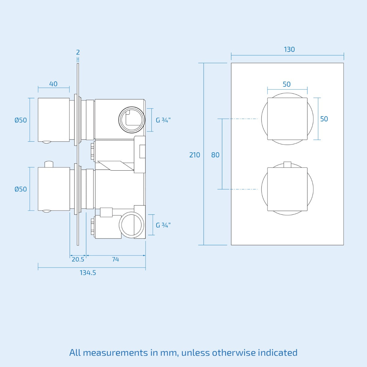 Temel Matte Black Voilet 2 Dial 2 Outlet Square Concealed Thermostatic Mixer Valve, Shower Head & Handset