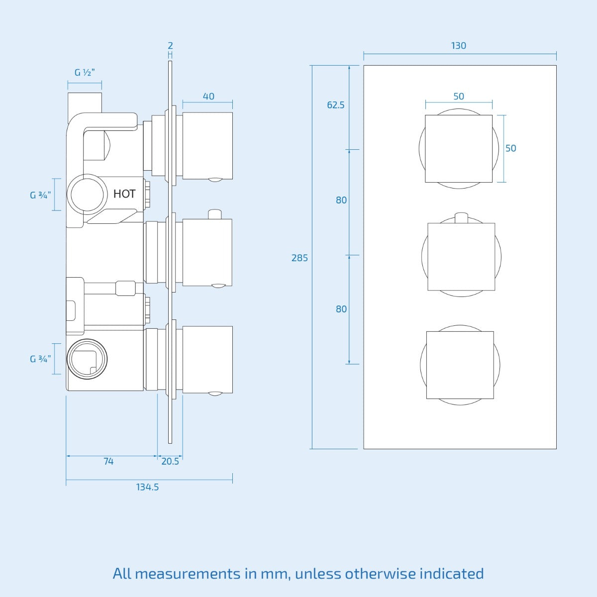 Lilly 3 Dial 3 Way Square Concealed Thermostatic Mixer Valve, Slider Rail, Square Handset, Bath Filler & Shower Head Chrome