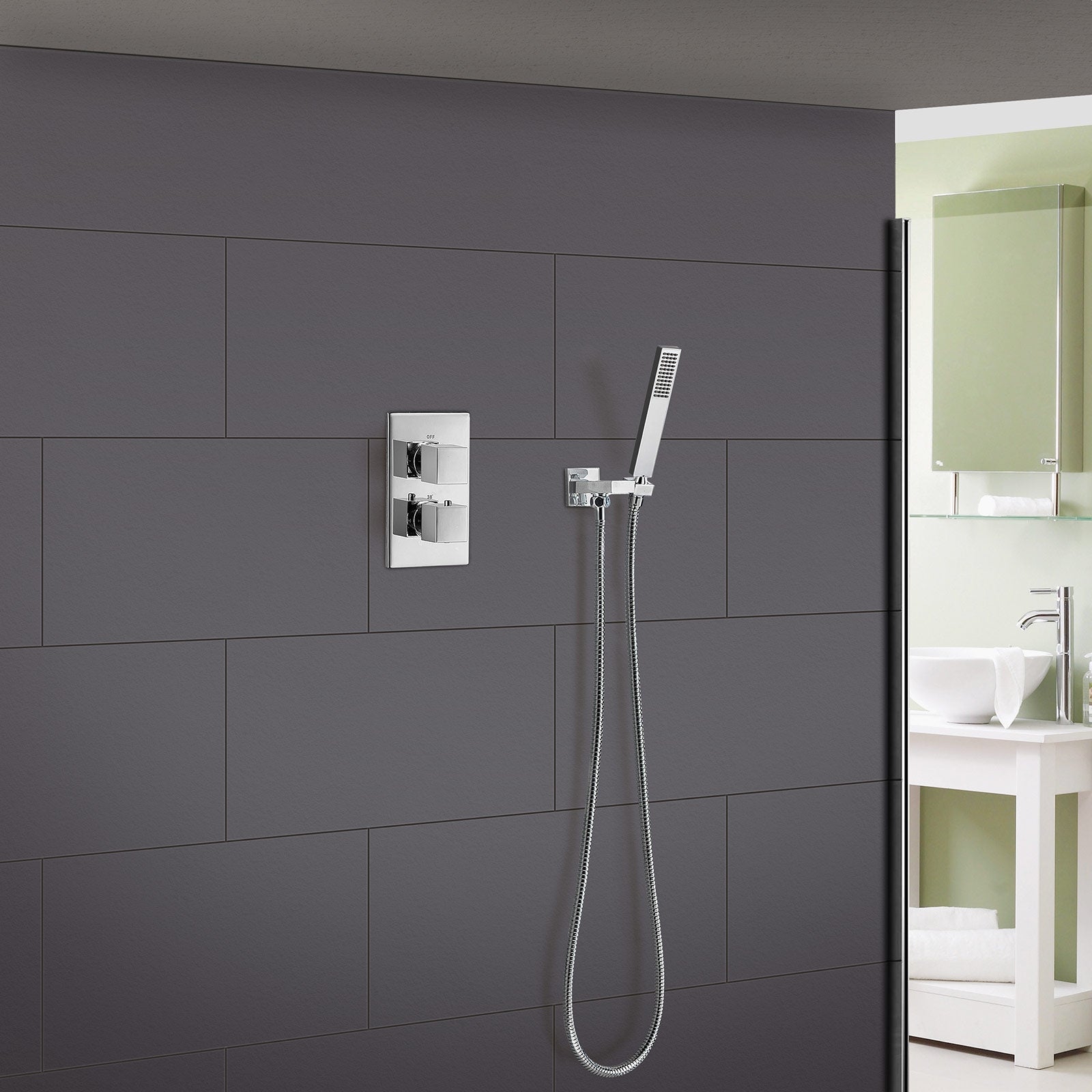 1 Way Chrome Square Hand Held Concealed Thermostatic Mixer Valve Shower | Lotus