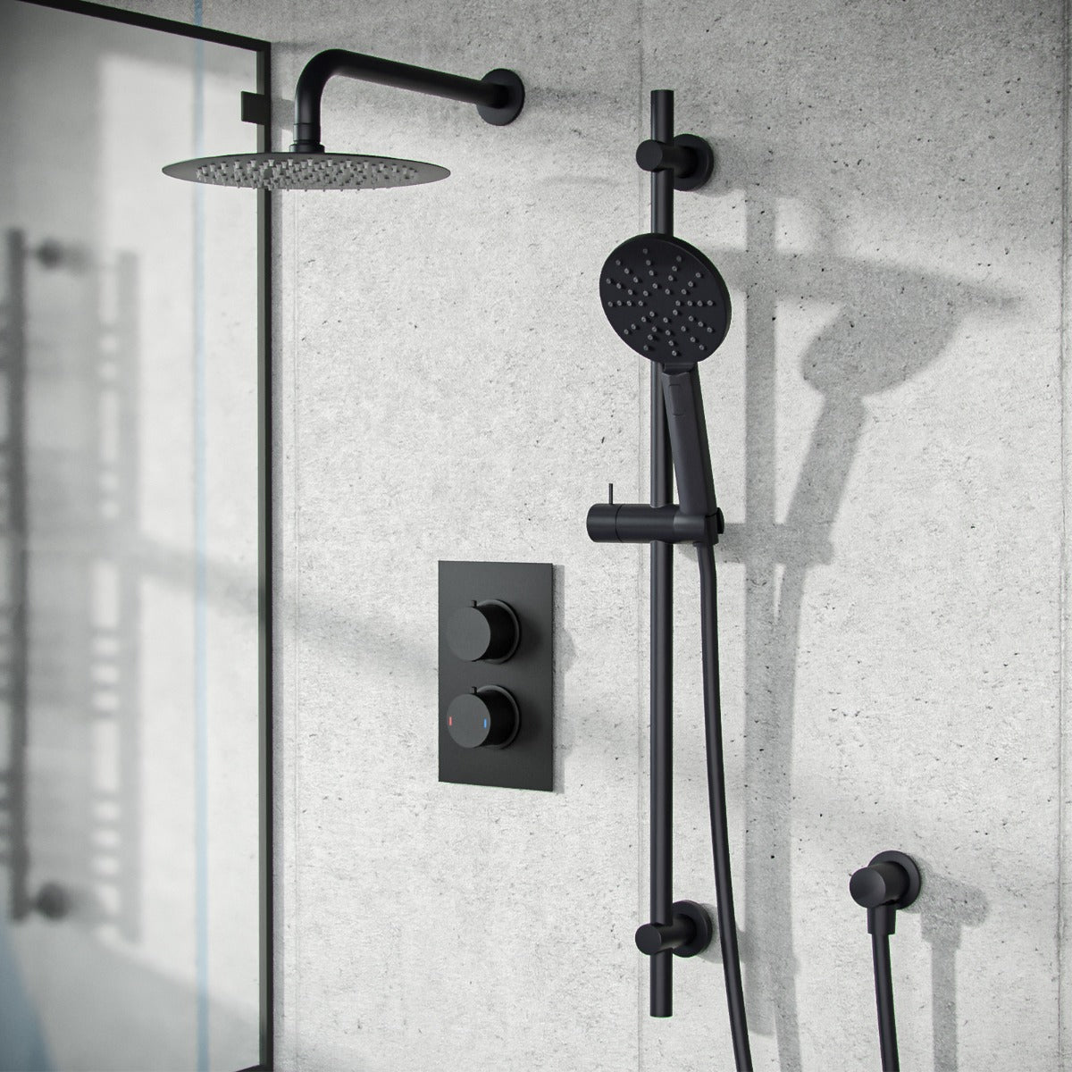 Temel 2 Dial 2 Way Round Concealed Thermostatic Mixer Valve, Shower Head & Arm Set Matte Black