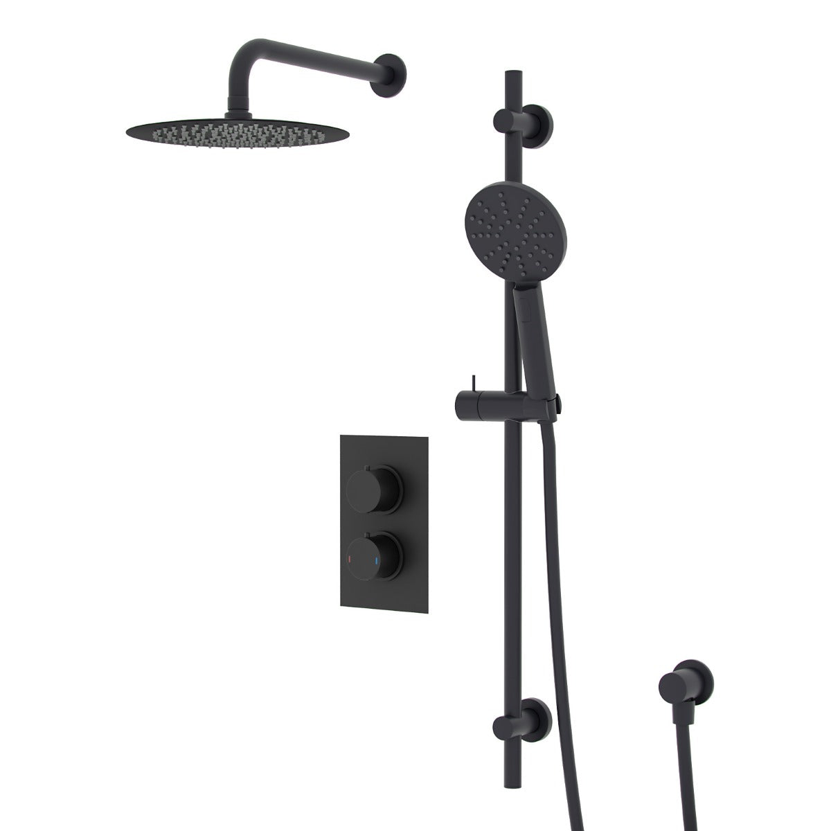 Temel 2 Dial 2 Way Round Concealed Thermostatic Mixer Valve, Shower Head & Arm Set Matte Black