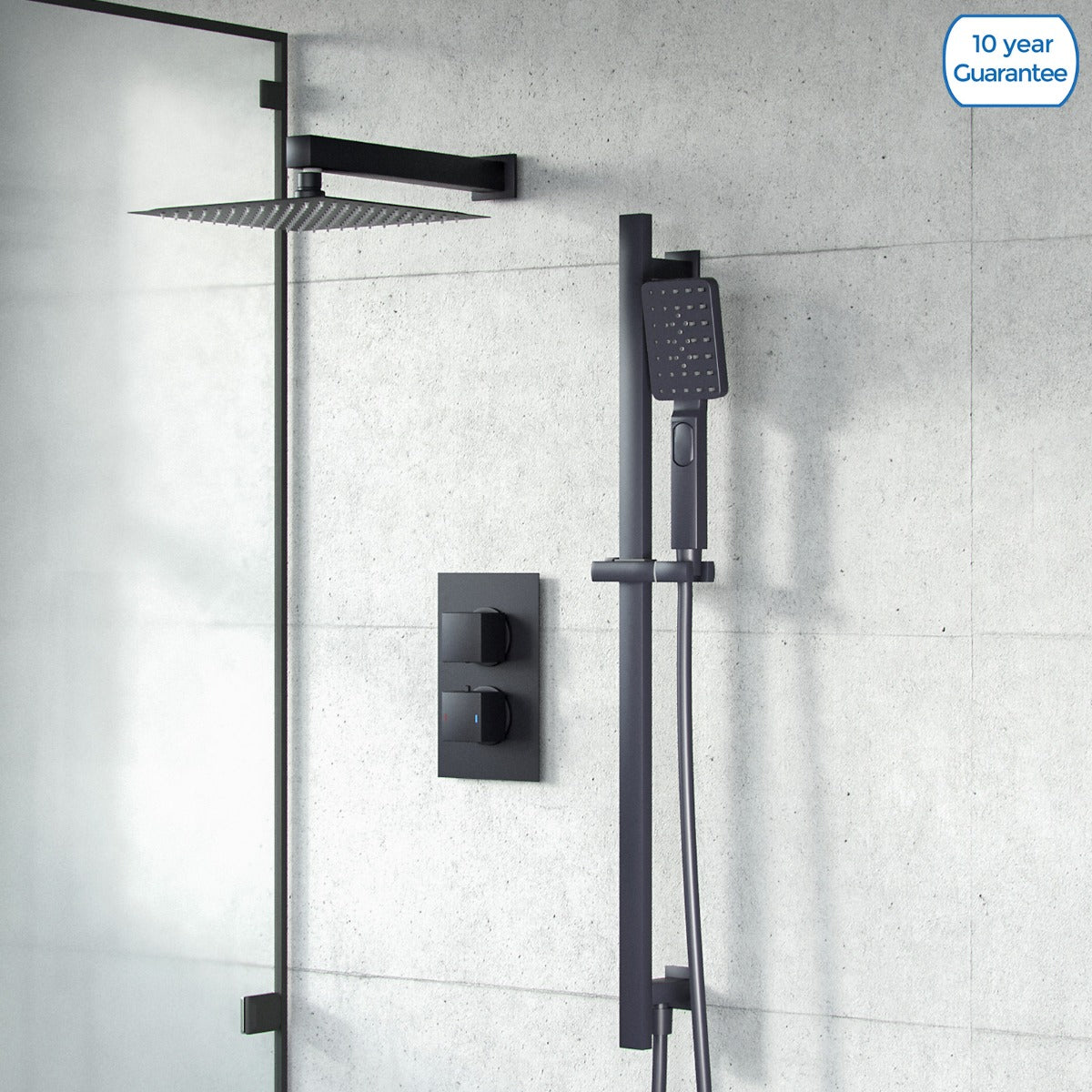 Temel Matte Black Thermostatic Mixer Valve Shower Head Handset Slider Rail Set