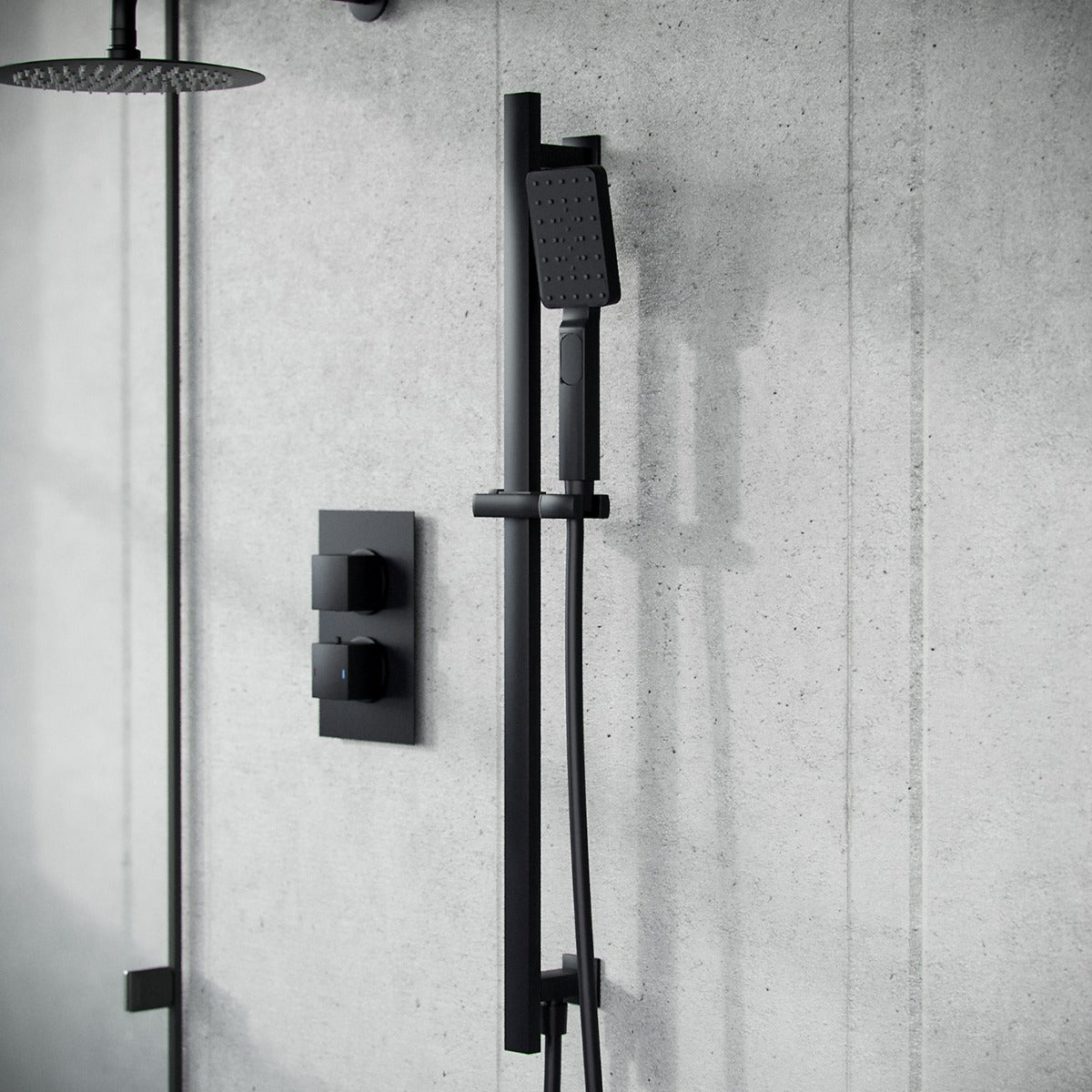 Temel Matte Black Thermostatic Mixer Valve Shower Head Handset Slider Rail Set