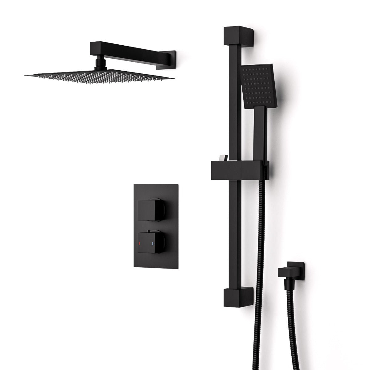 Temel Matte Black Voilet 2 Dial Thermostatic Mixer Outlet Square Shower Rail & Handset