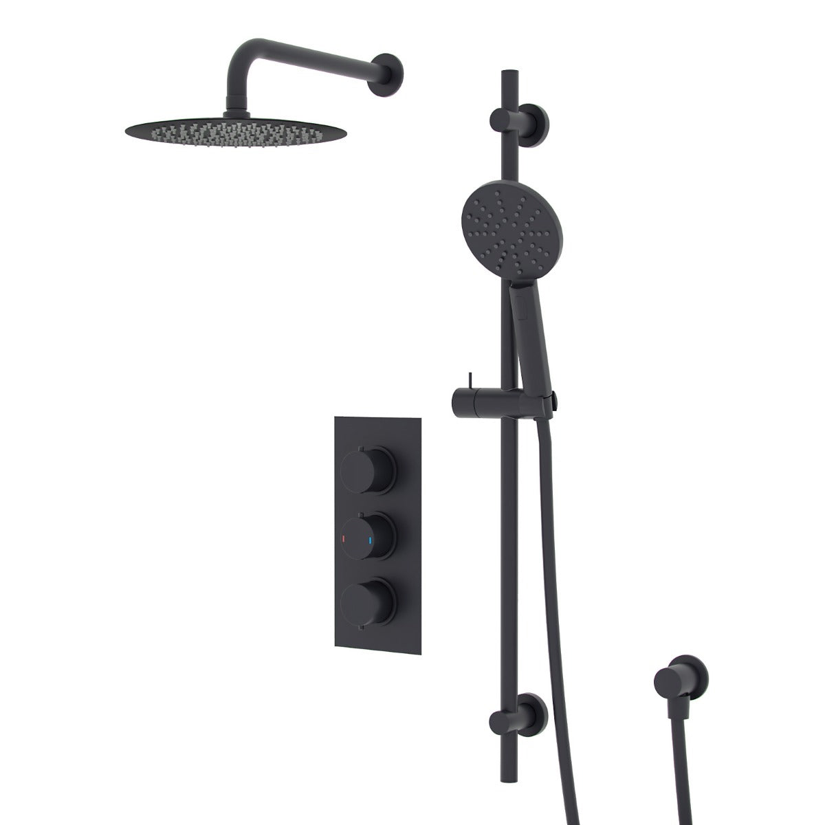 Temel 3 Dial 2 Way Concealed Thermostatic Shower Valve, Shower Head & Arm Set Matte Black