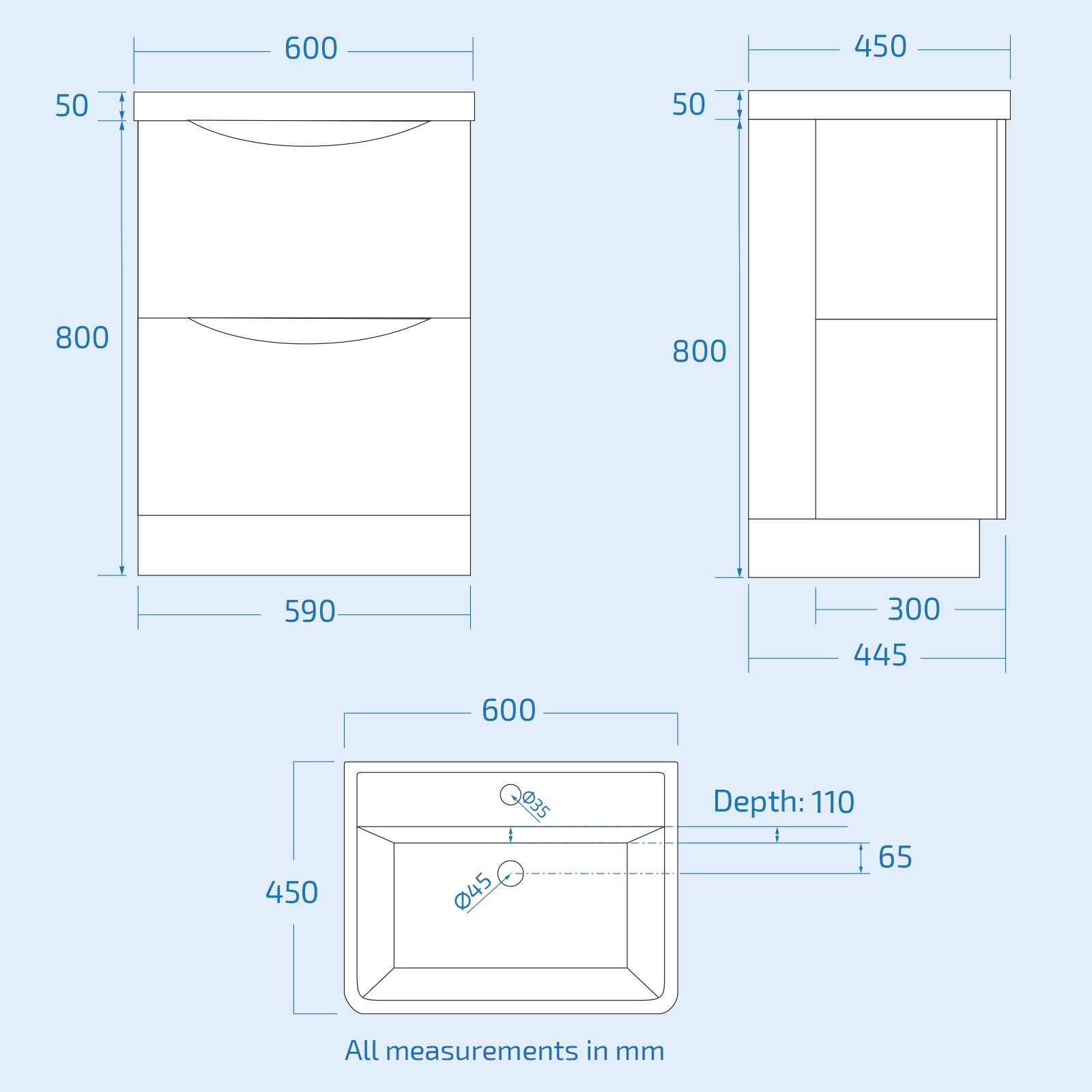 Technical drawing of a bathroom vanity with dimensions