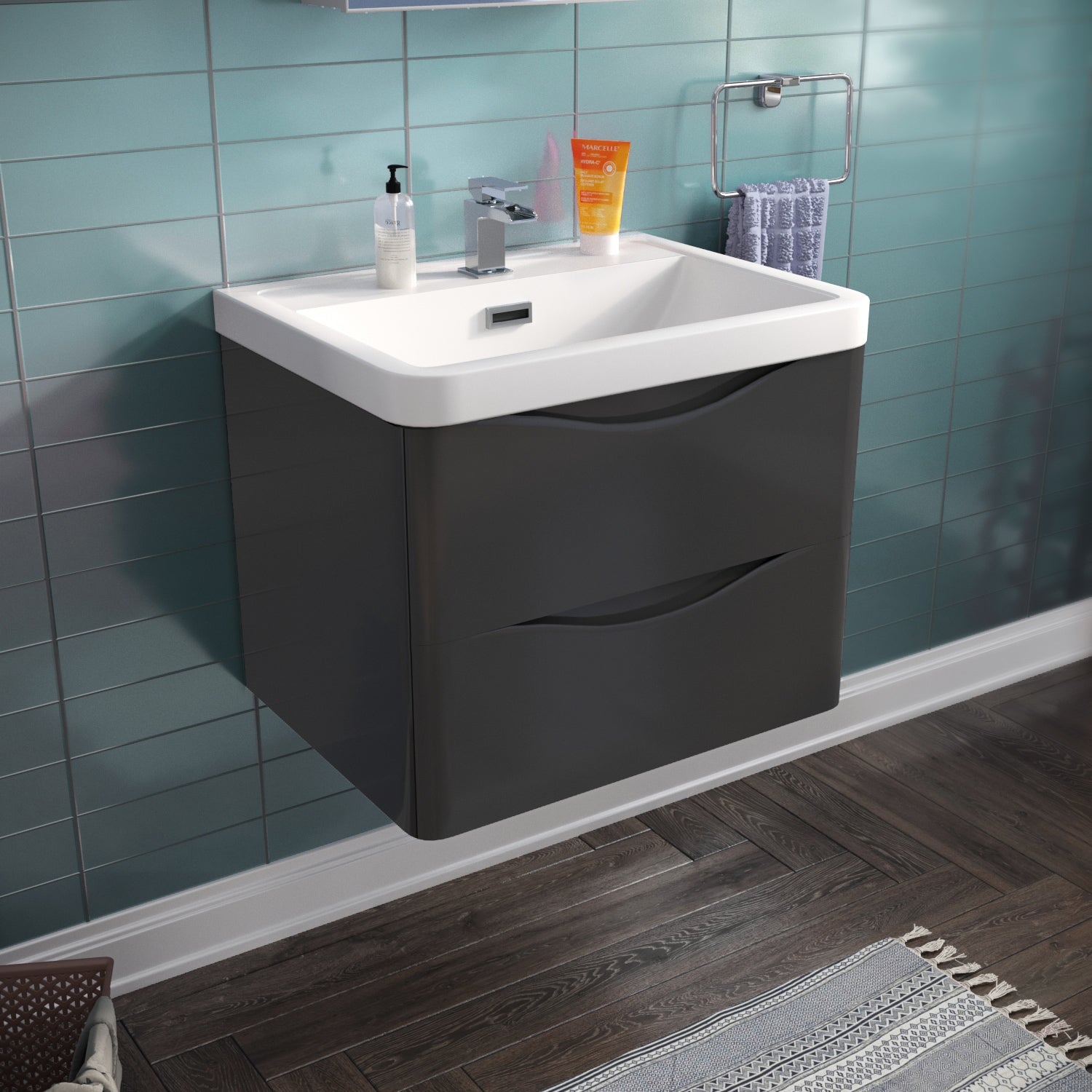 Merton Anthracite Wall Hung Vanity Unit Sink with Tall Storage Cabinet Basin