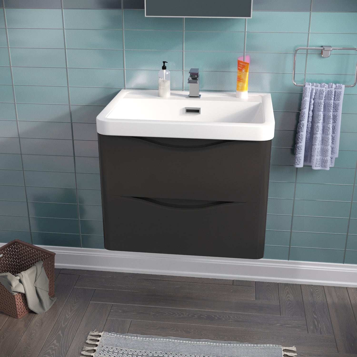 Merton Anthracite Wall Hung Vanity Unit Sink with Tall Storage Cabinet Basin