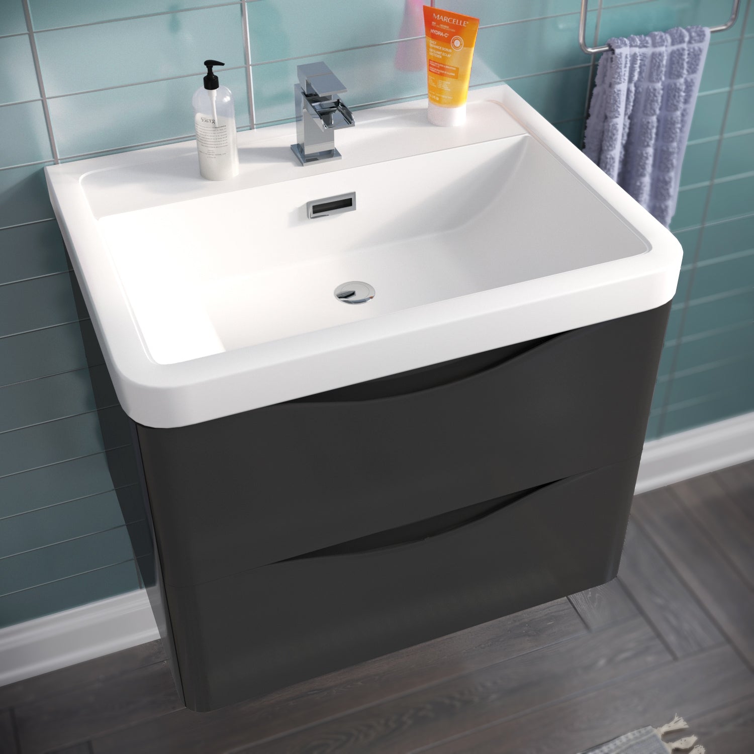 Merton 600mm Bathroom Wall Hung Basin Vanity Unit Dark Grey 2 Drawers Soft Close