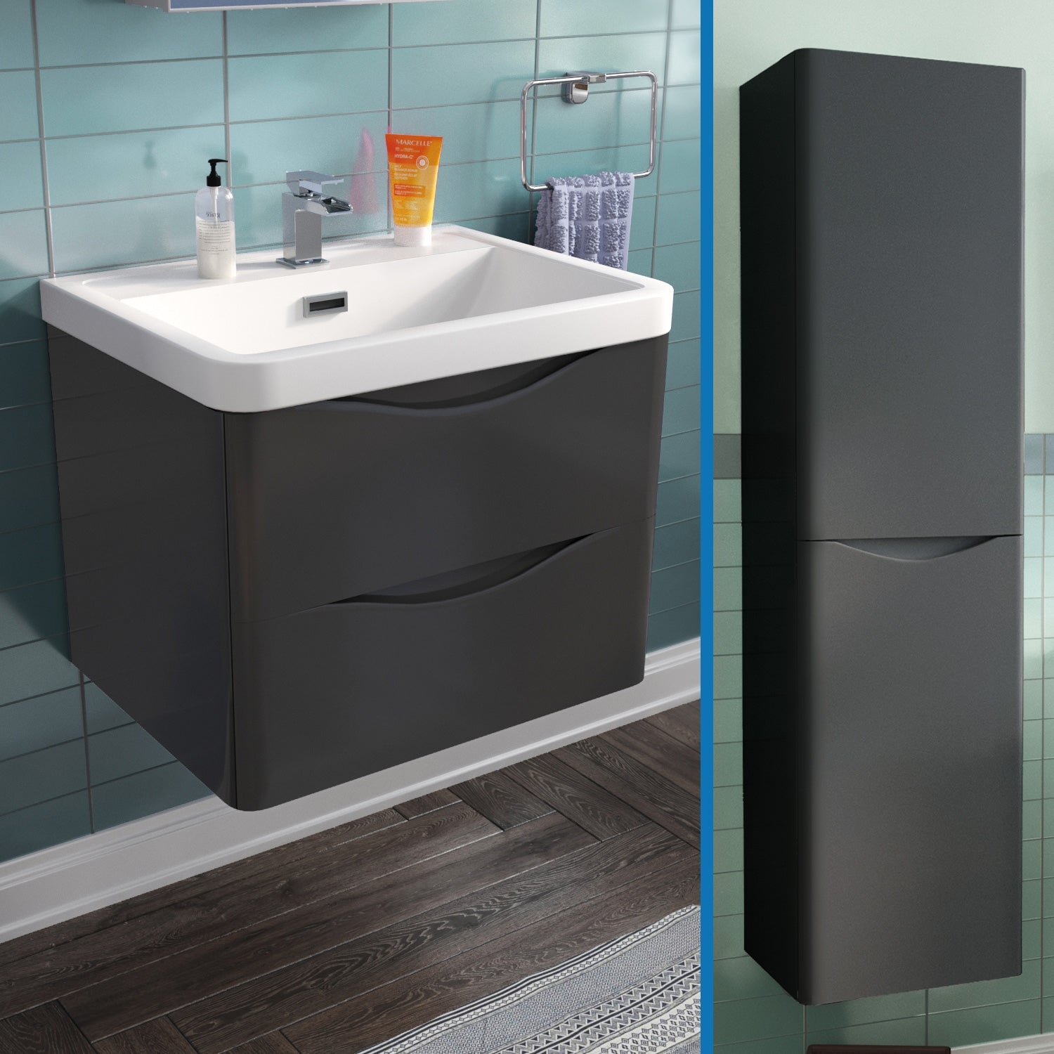 Merton Anthracite Wall Hung Vanity Unit Sink with Tall Storage Cabinet Basin