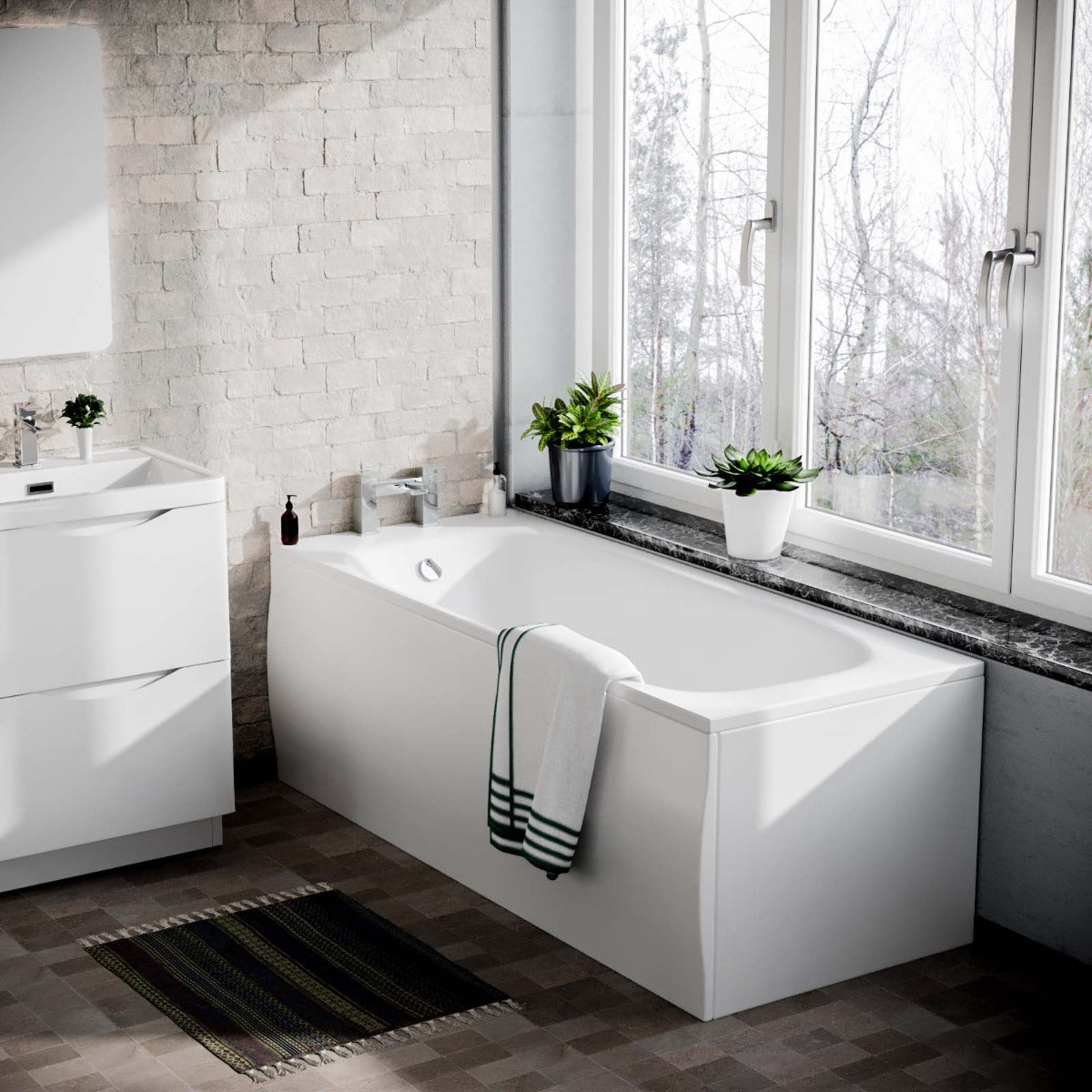 White 1700mm Bath 500mm Vanity Basin Unit with Modern Rimless Toilet