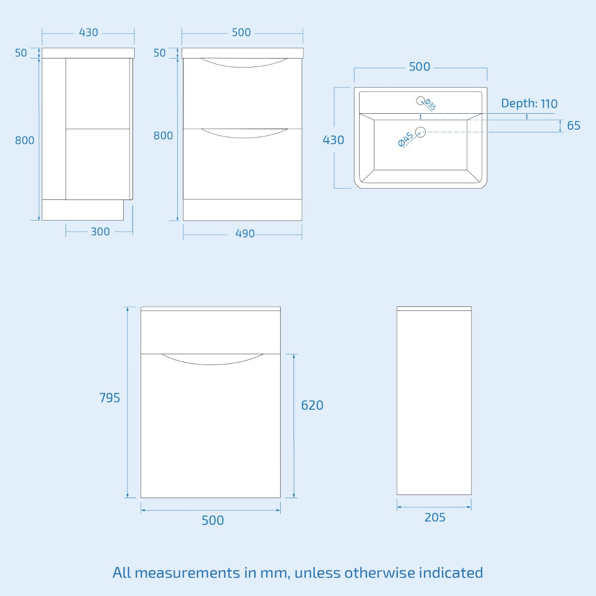 Merton Matte Grey 500mm Basin Vanity Unit and Rimless Close Coupled Toilet
