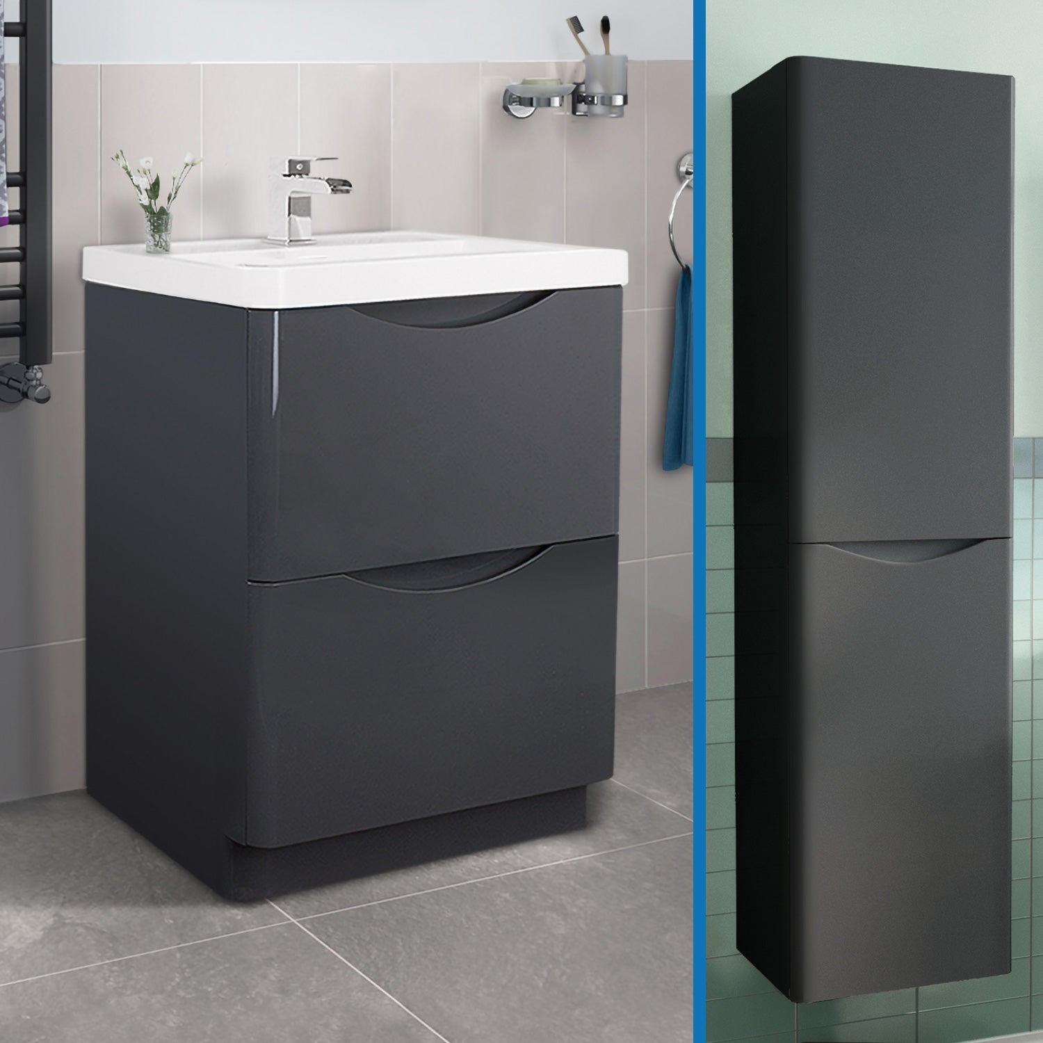 Merton Anthracite 600mm Vanity Unit and Tall Wall Hung Storage Cabinet Resin Basin