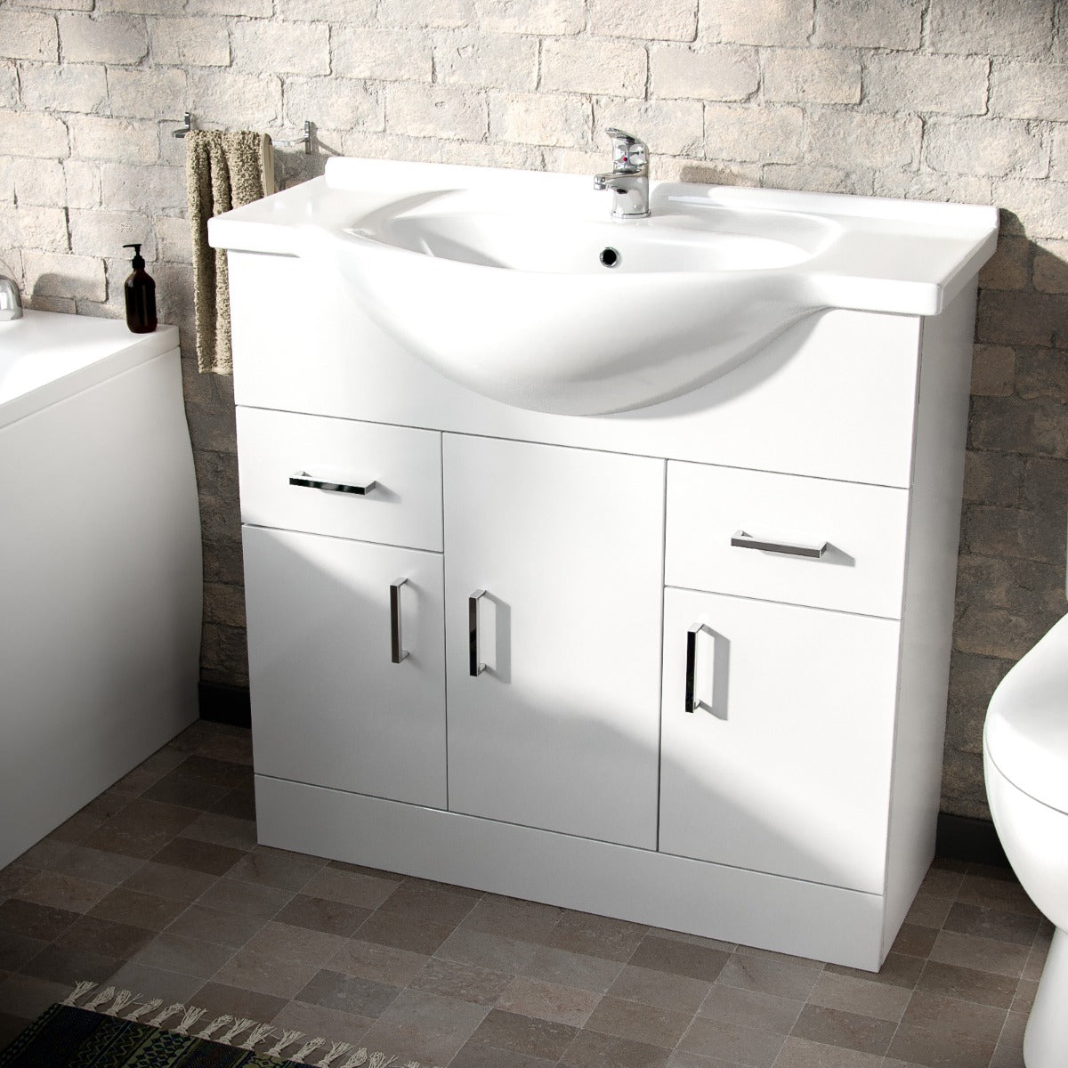 White 850mm Basin Vanity Unit Toilet & Bath Tub 3-Piece Bathroom Suite