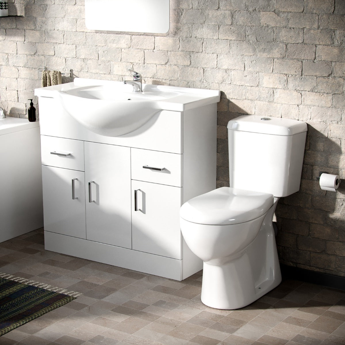 White 850mm Basin Vanity Unit Toilet & Bath Tub 3-Piece Bathroom Suite