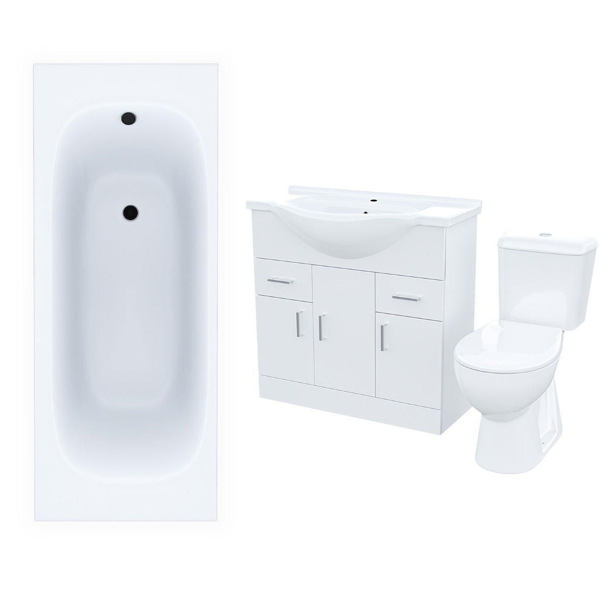 White 850mm Basin Vanity Unit Toilet & Bath Tub 3-Piece Bathroom Suite