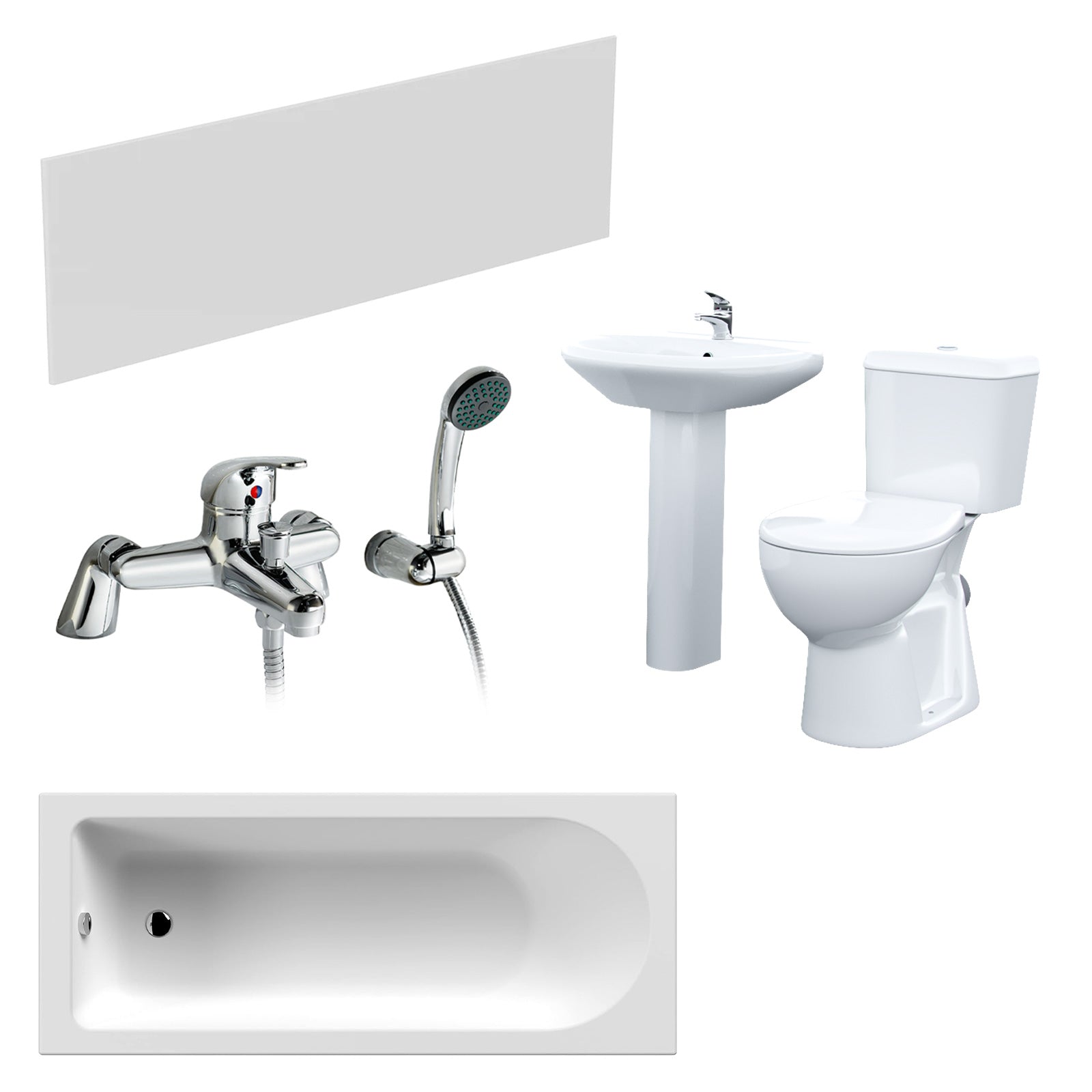 White Pedestal Basin Toilet 1700 Bath Tap and Front Panel Set