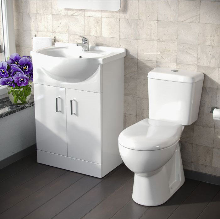 Ellen 550mm White Vanity Basin Cabinet MDF & Ceramic Closed Coupled Toilet