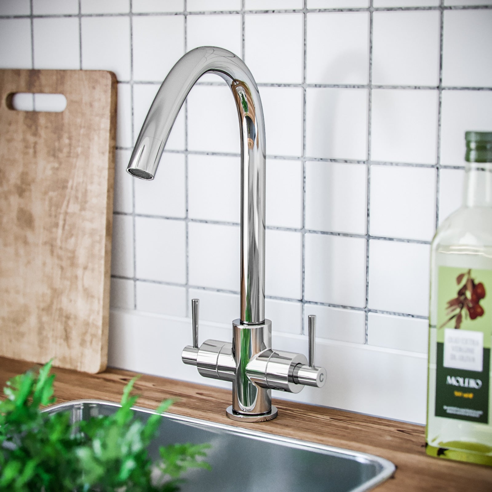 Sliding Taps Lila Twin Lever Chrome 360 Swivel Spout Kitchen Sink Tap Brass