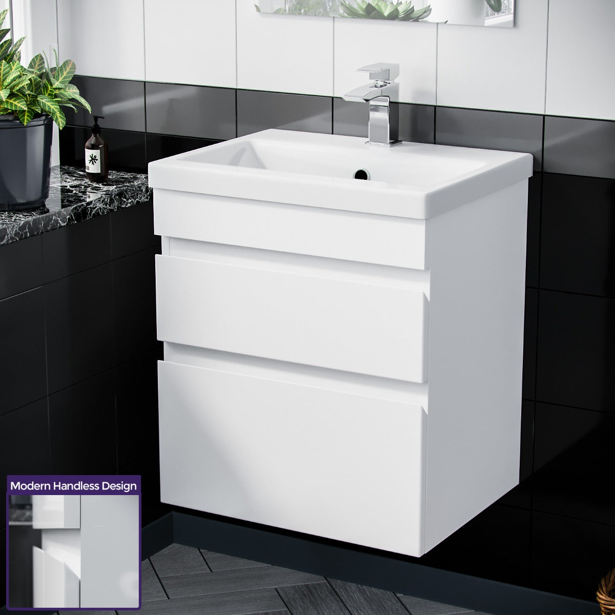 Alaska 500mm PVC 2 Drawers White Wall Hung Vanity Unit Cabinet and Basin Sink