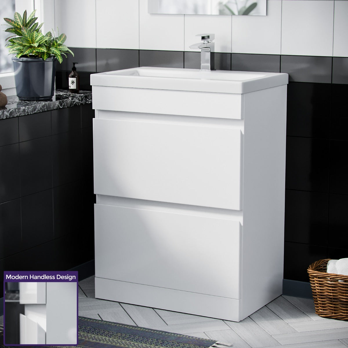 White 600mm PVC 2 Drawer Vanity Cabinet & Basin Sink Floor Standing