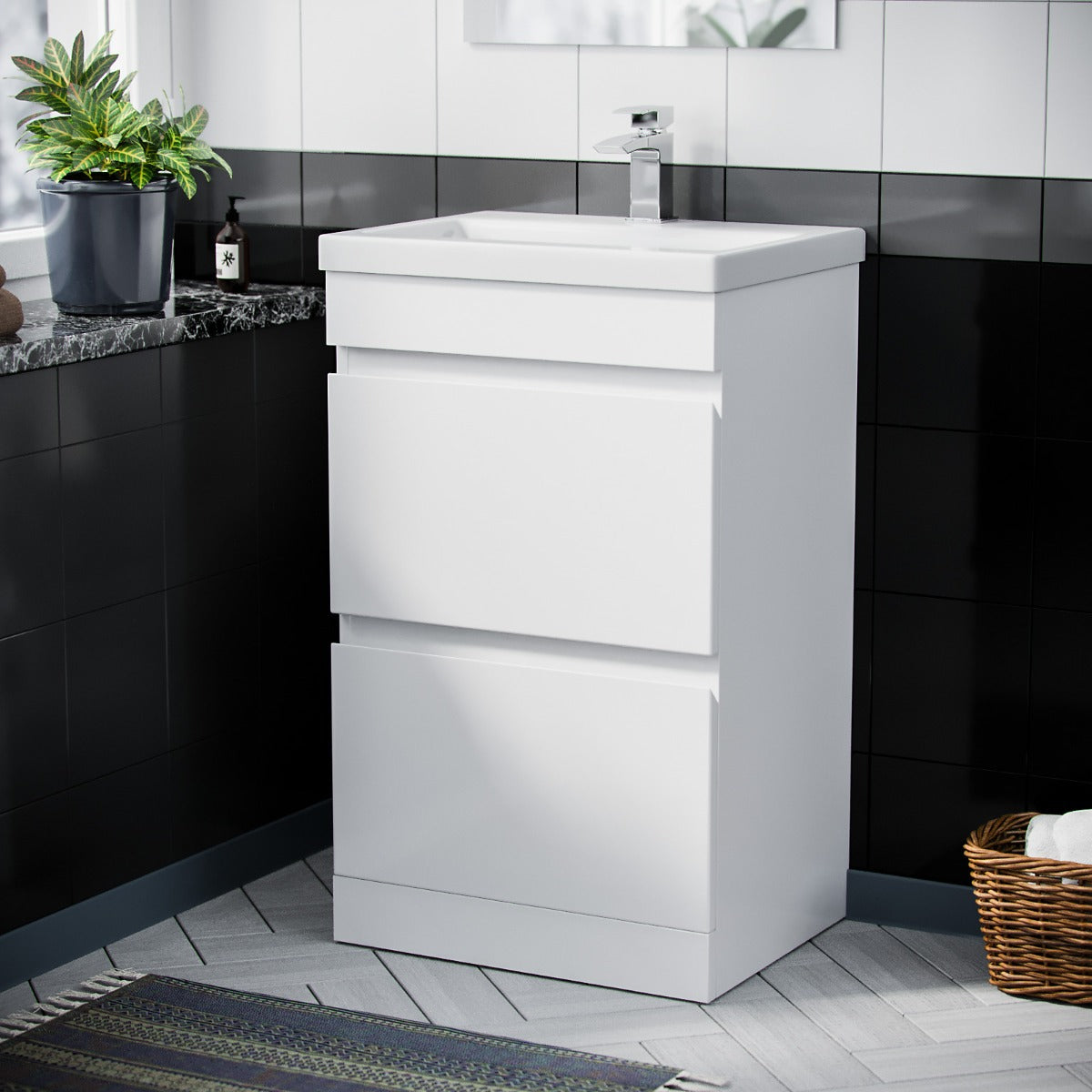 White 500mm PVC 2 Drawer Vanity Cabinet & Basin Sink Unit Floor Standing