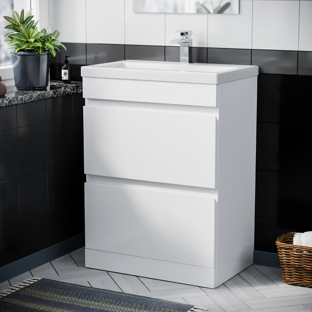 White 600mm PVC 2 Drawer Vanity Cabinet & Basin Sink Floor Standing