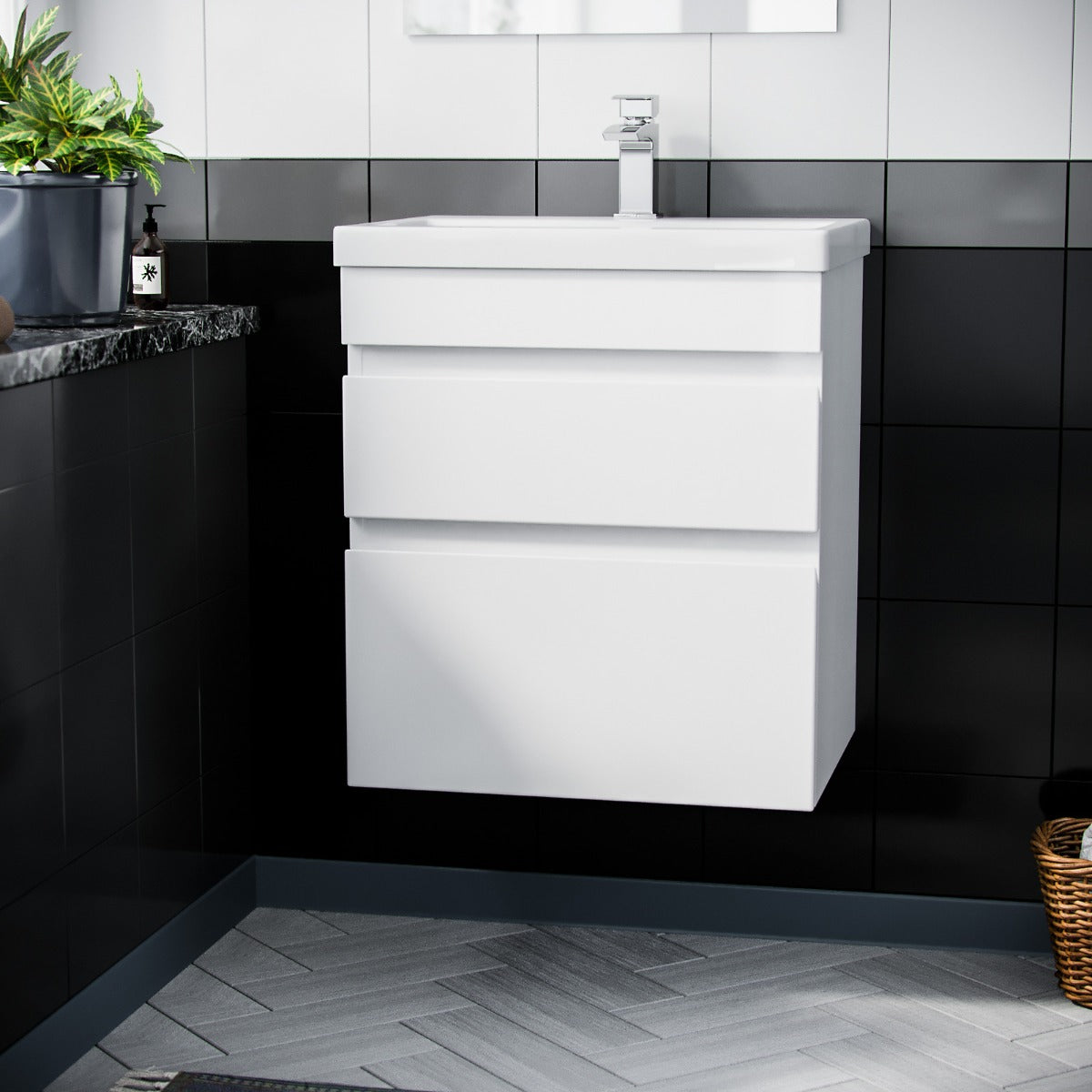 Alaska 500mm PVC 2 Drawers White Wall Hung Vanity Unit Cabinet and Basin Sink