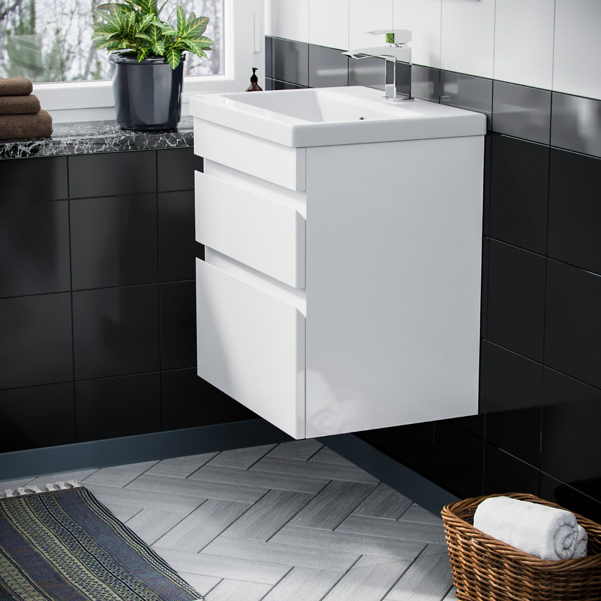 Alaska 500mm PVC 2 Drawers White Wall Hung Vanity Unit Cabinet and Basin Sink