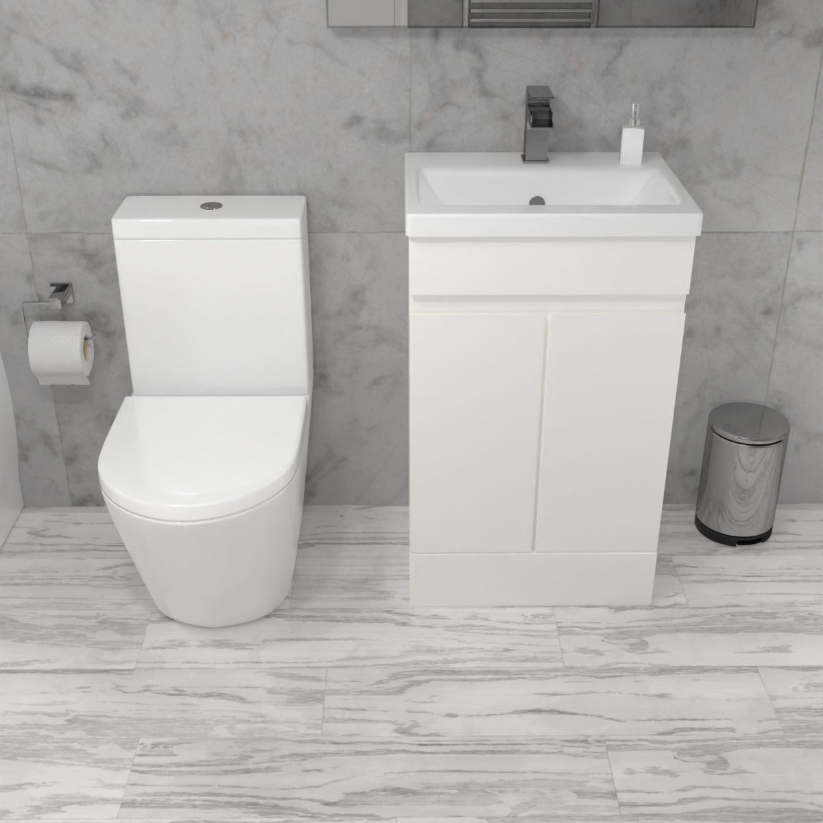 Alaska 500mm Gloss White Freestanding Basin Vanity & Close Coupled Rimless Toilet Set