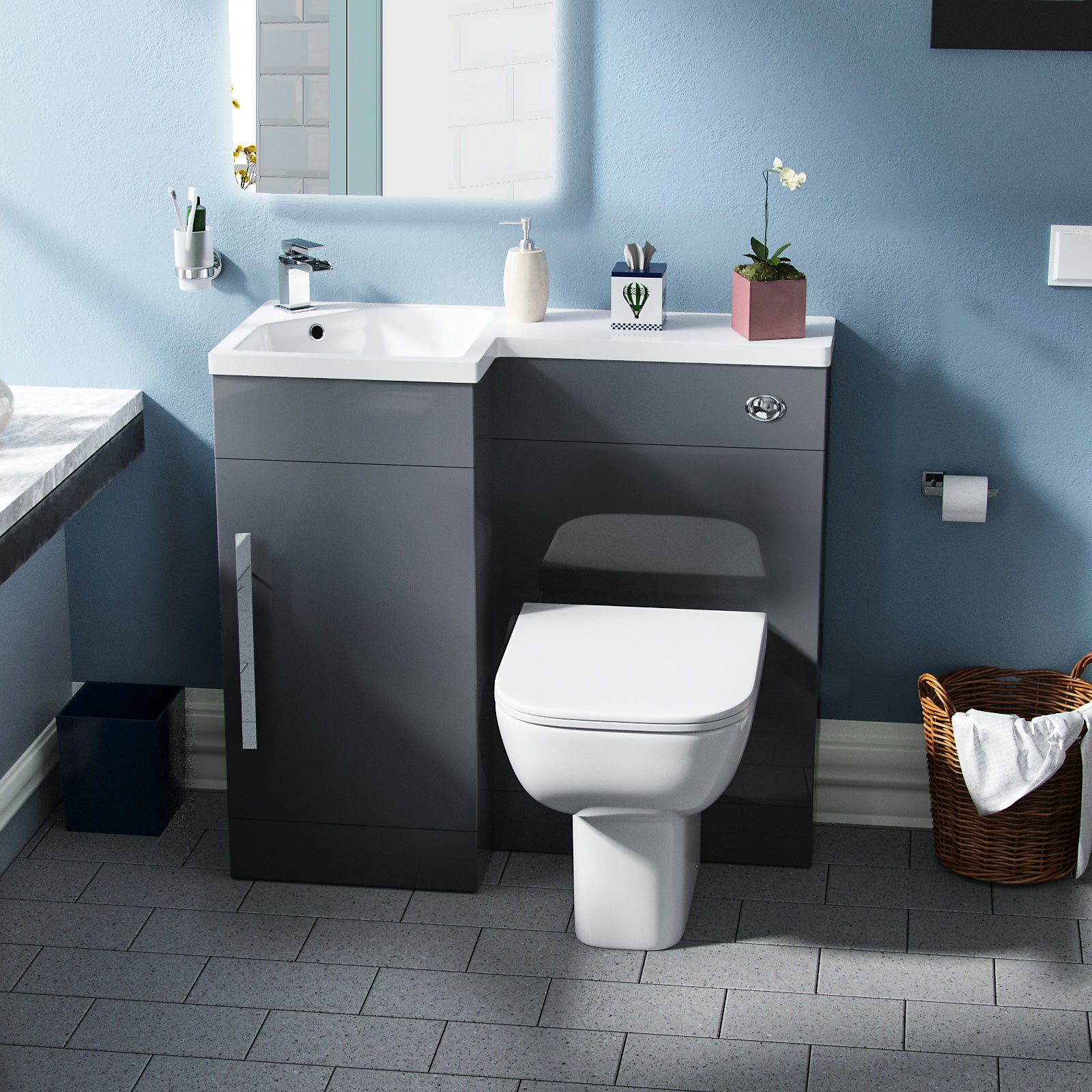 Alaska Debra Bathroom 900 mm Grey LH Basin Sink Vanity Unit WC Rimless BTW Toilet