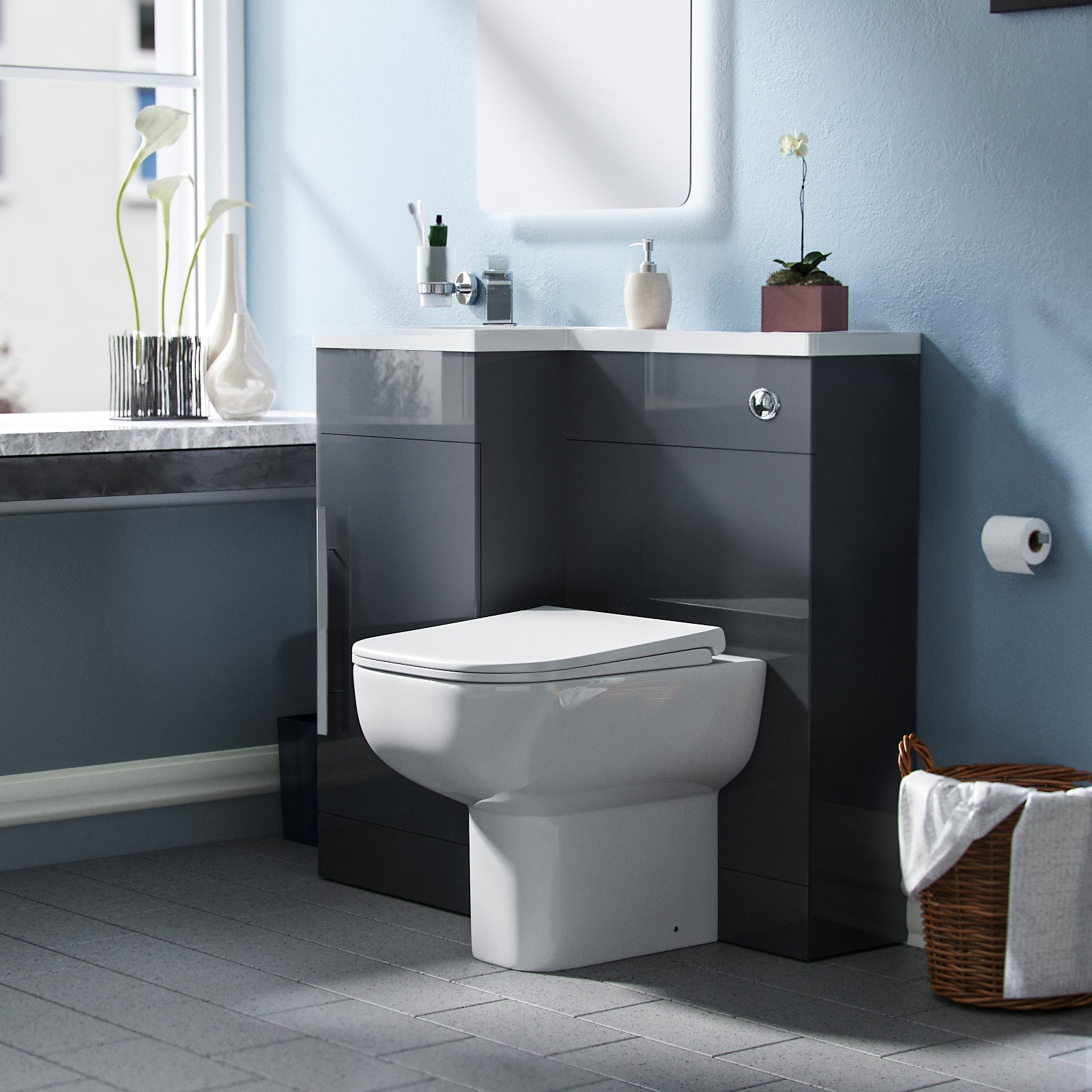 Alaska Debra Bathroom 900 mm Grey LH Basin Sink Vanity Unit WC Rimless BTW Toilet