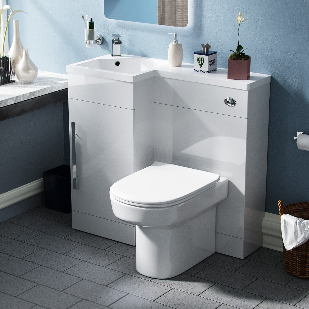 Left Hand 900mm Vanity Basin Unit, WC Unit & Chem Back to Wall Toilet White